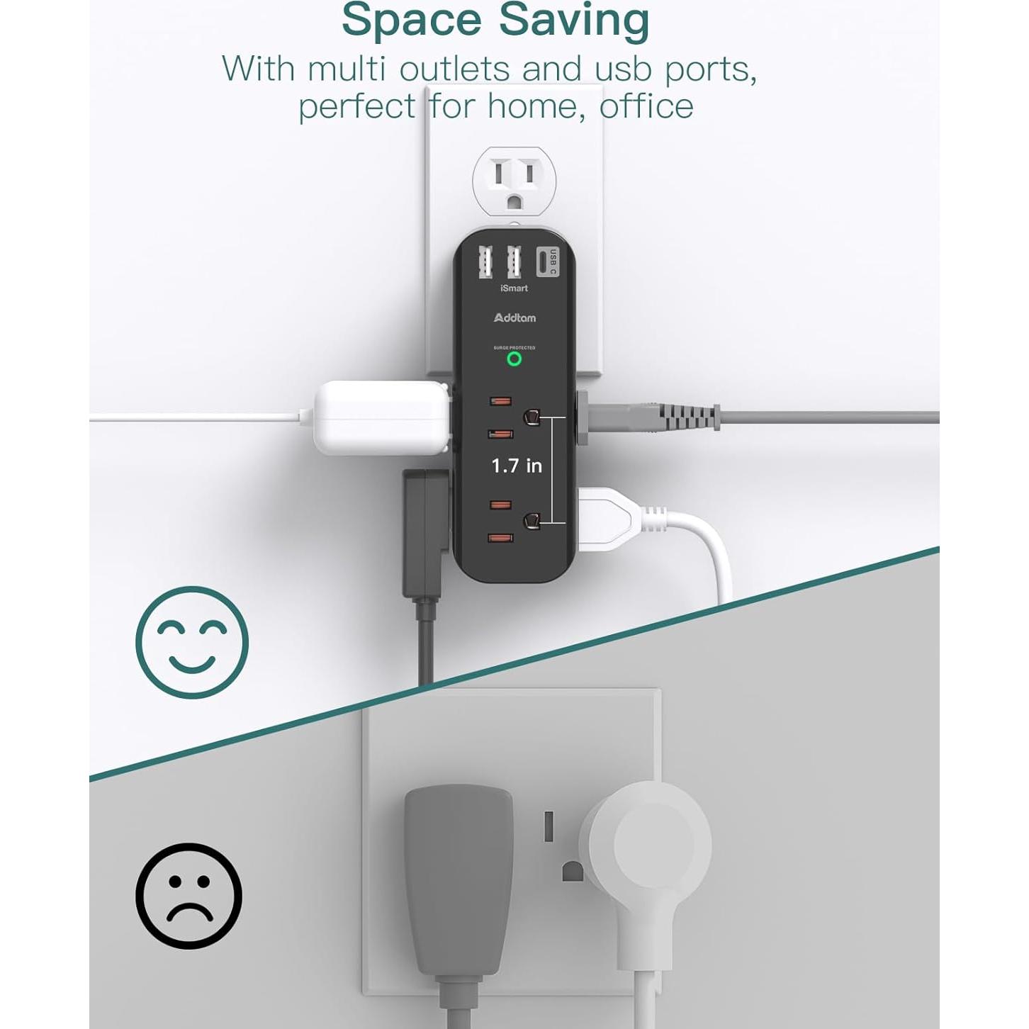 Extensor de Enchufe Addtam 6 AC + 3 USB Giratorio 1800J Negro