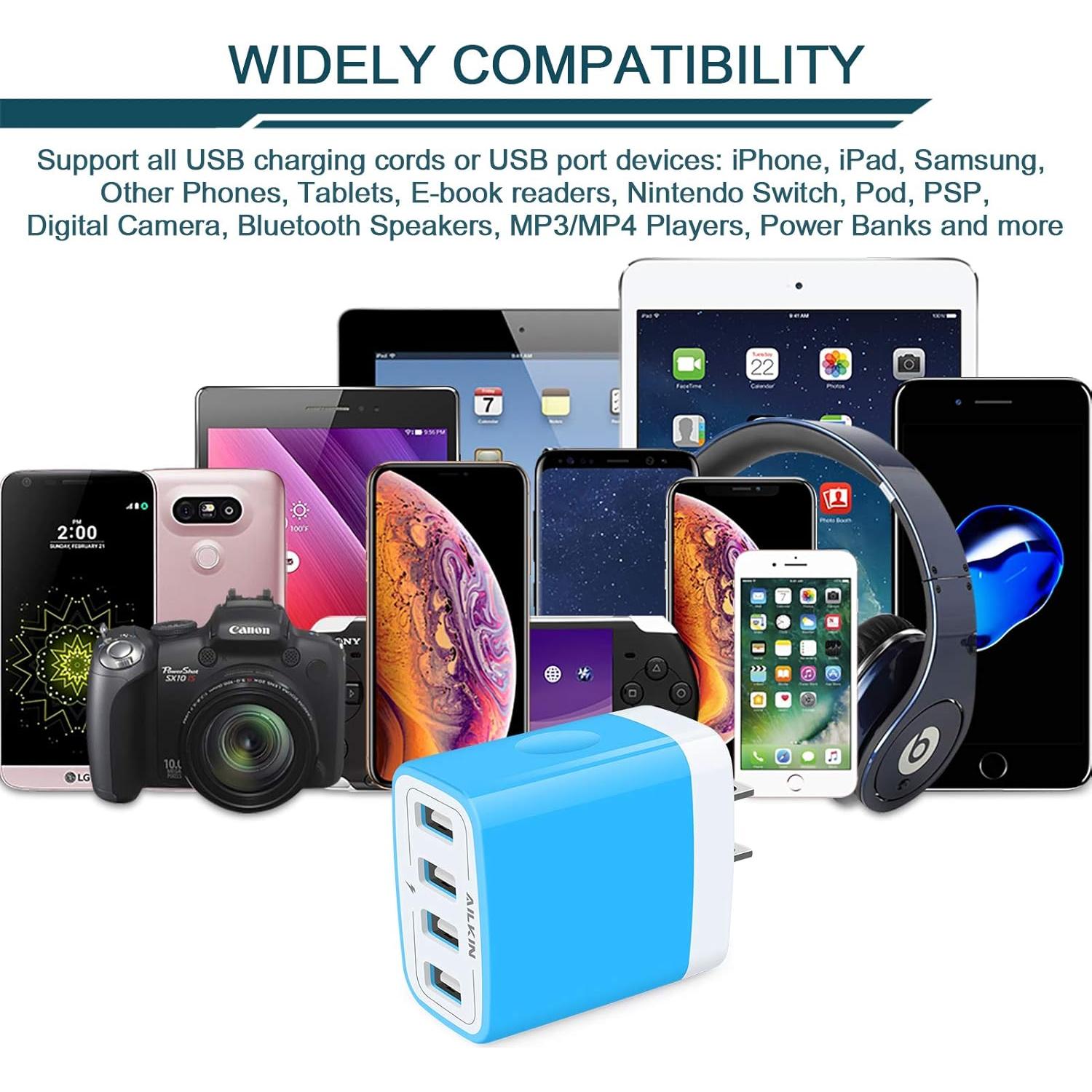 Cargador de Pared USB AILKIN 4 Puertos 4.8A Carga Rápida