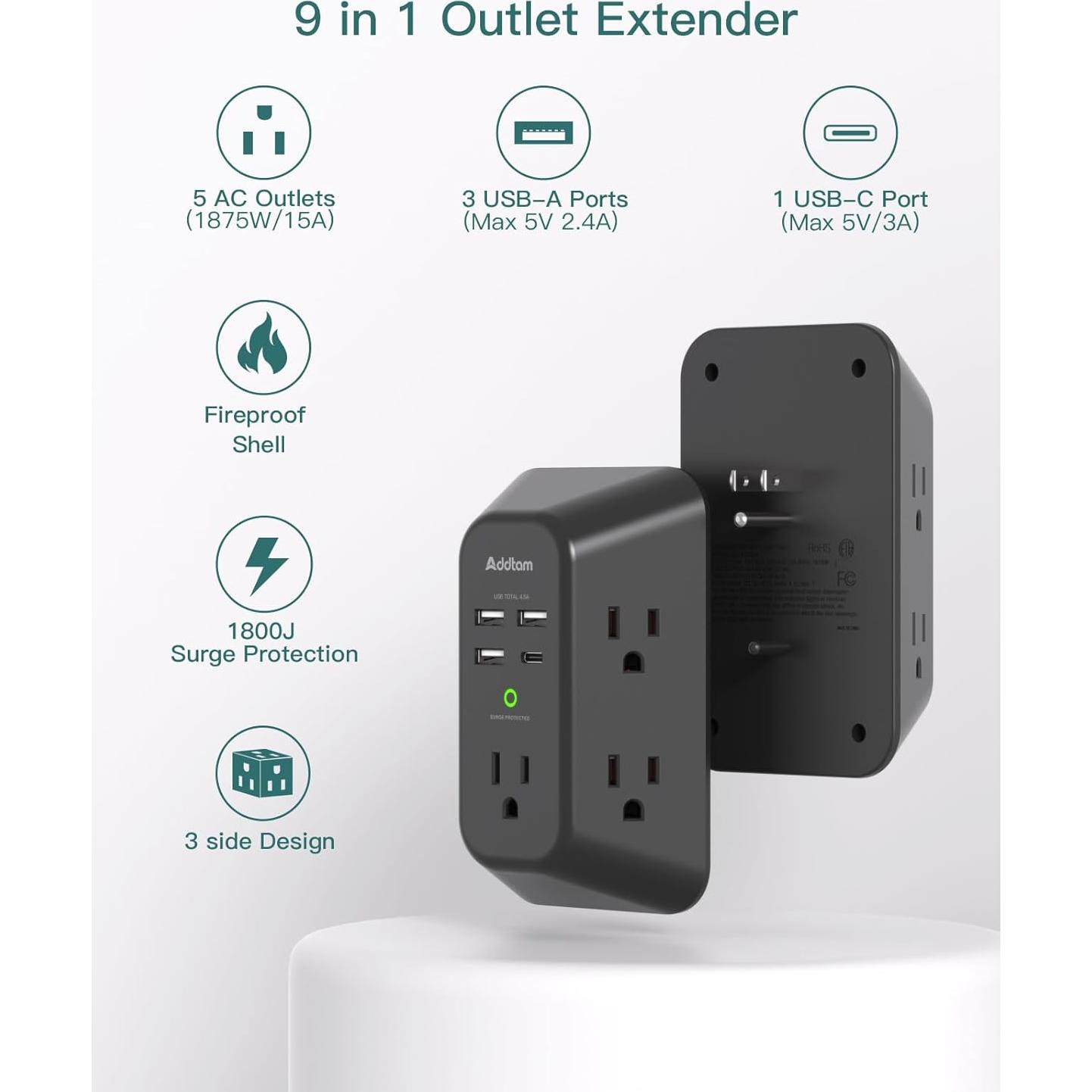 Extensor de Enchufe Addtam 5 Salidas 4 USB 1800J Protector