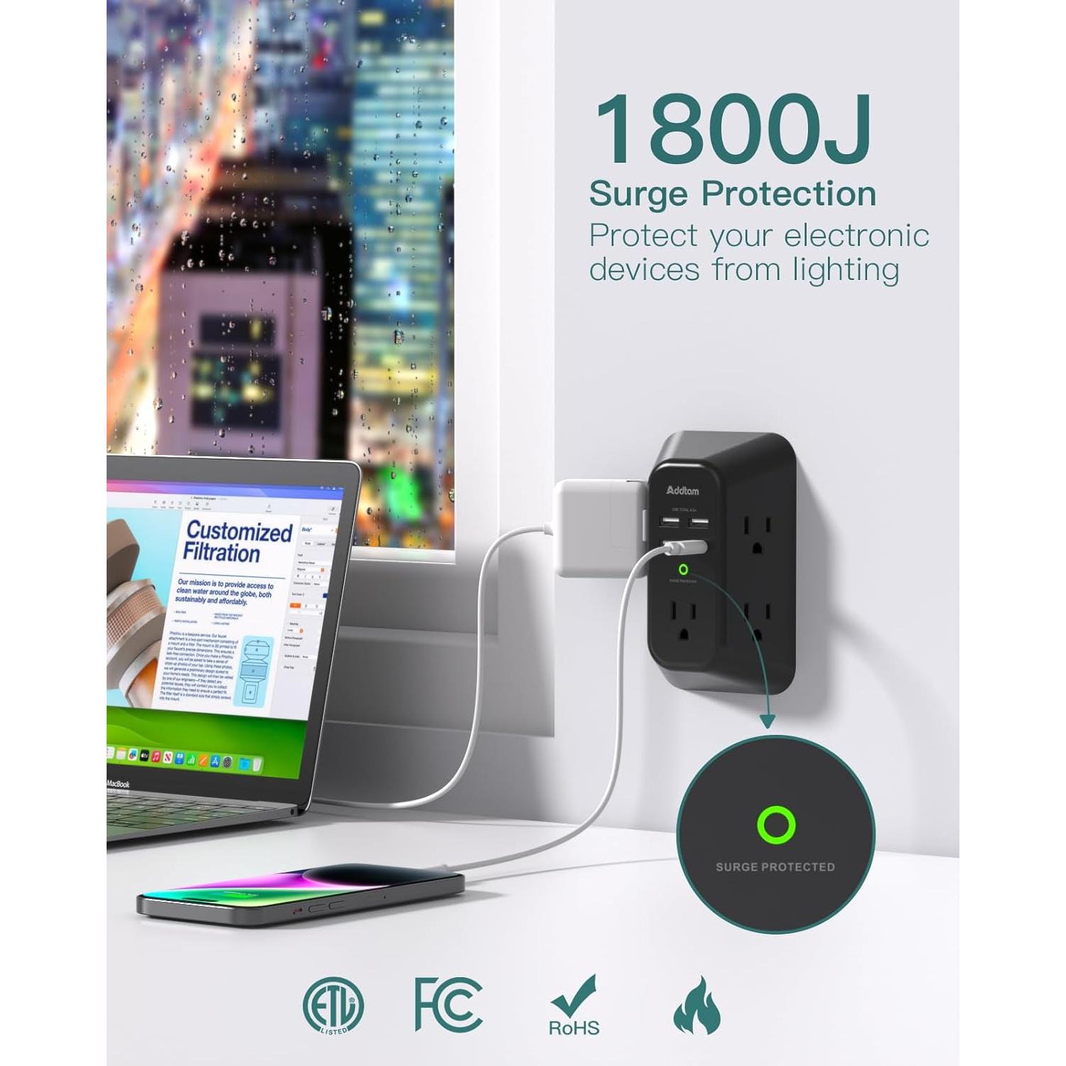 Extensor de Enchufe Addtam 5 Salidas 4 USB 1800J Protector