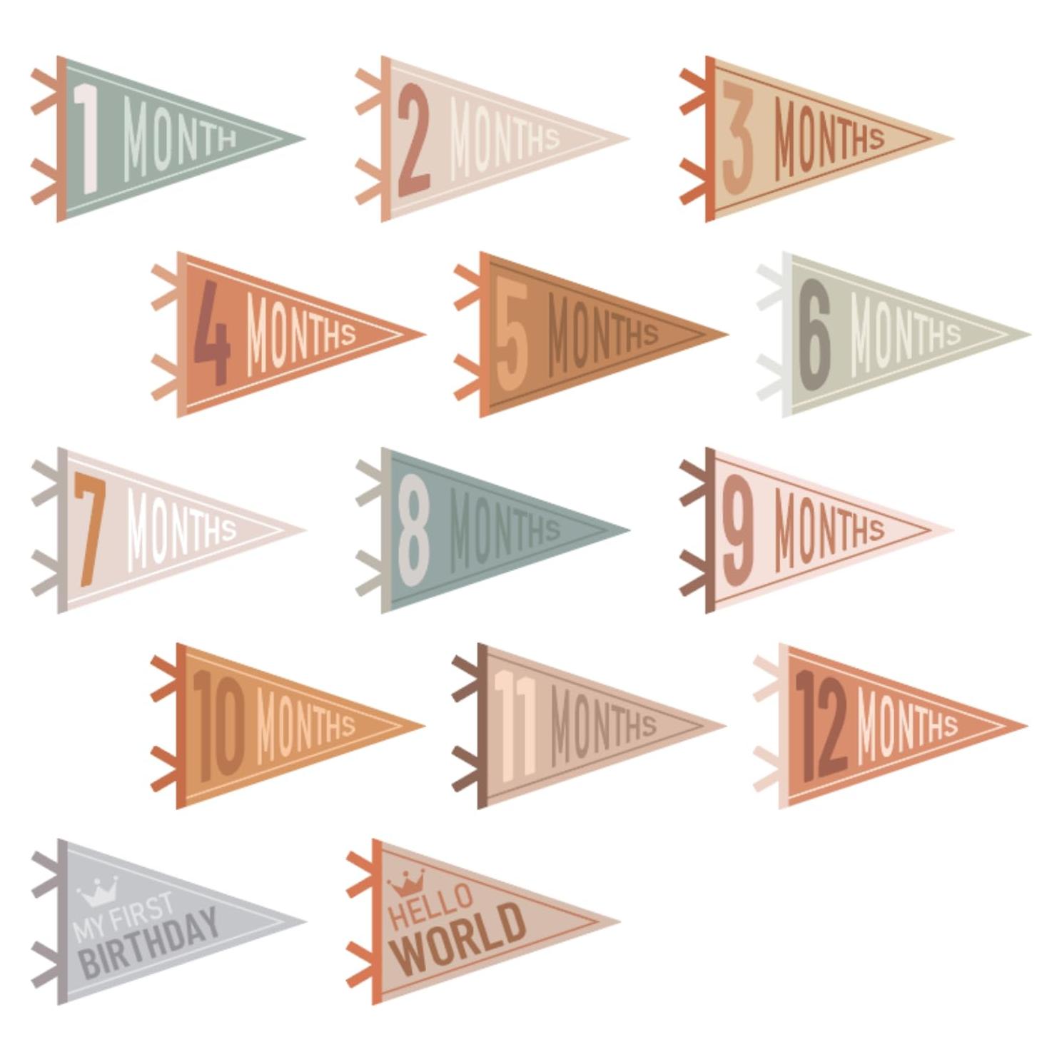 Banderas de Hito Mensual para Bebé 14 Pcs Fieltro Colores Variados