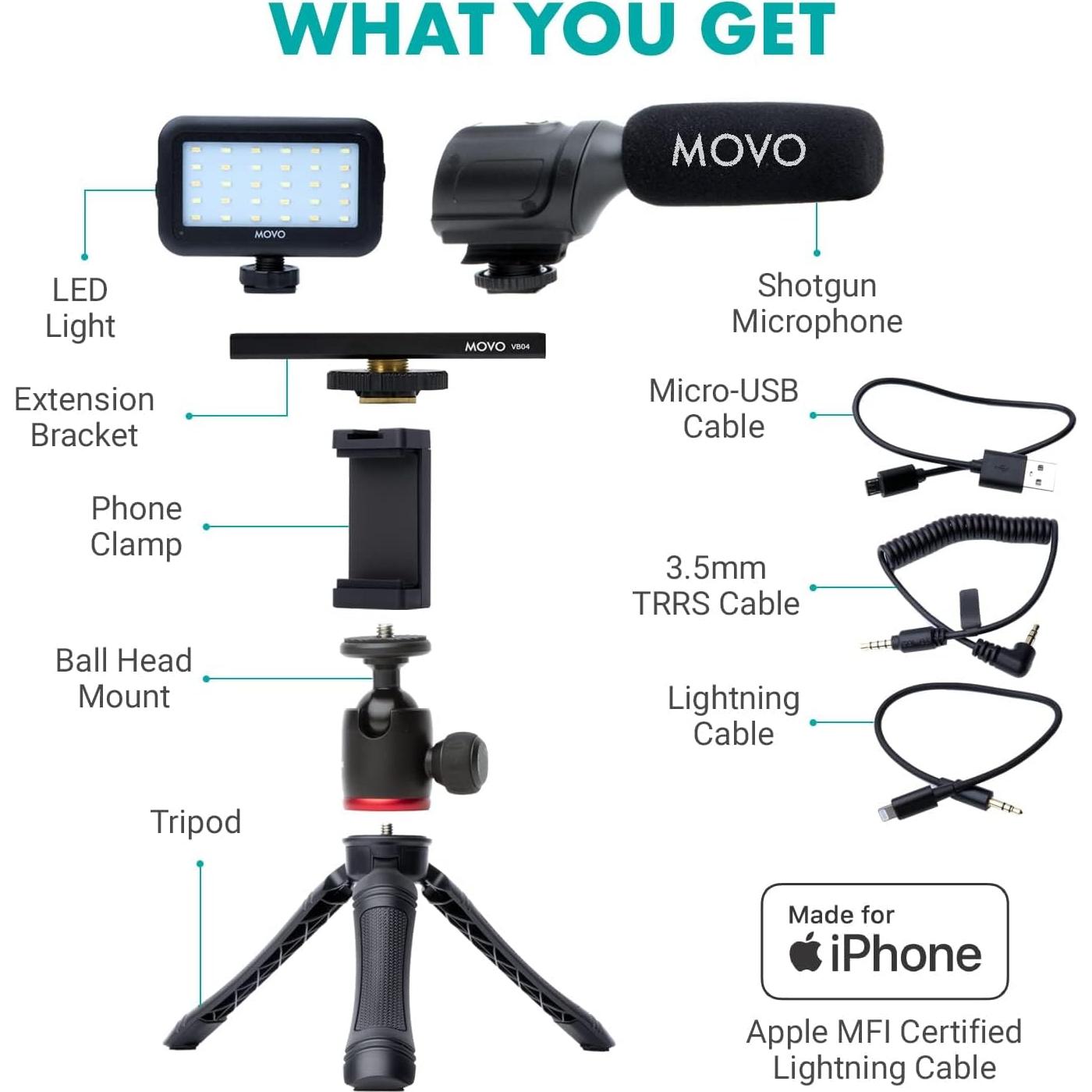 Kit de Vlogging Movo iVlogger para iPhone - Micrófono y Luz LED