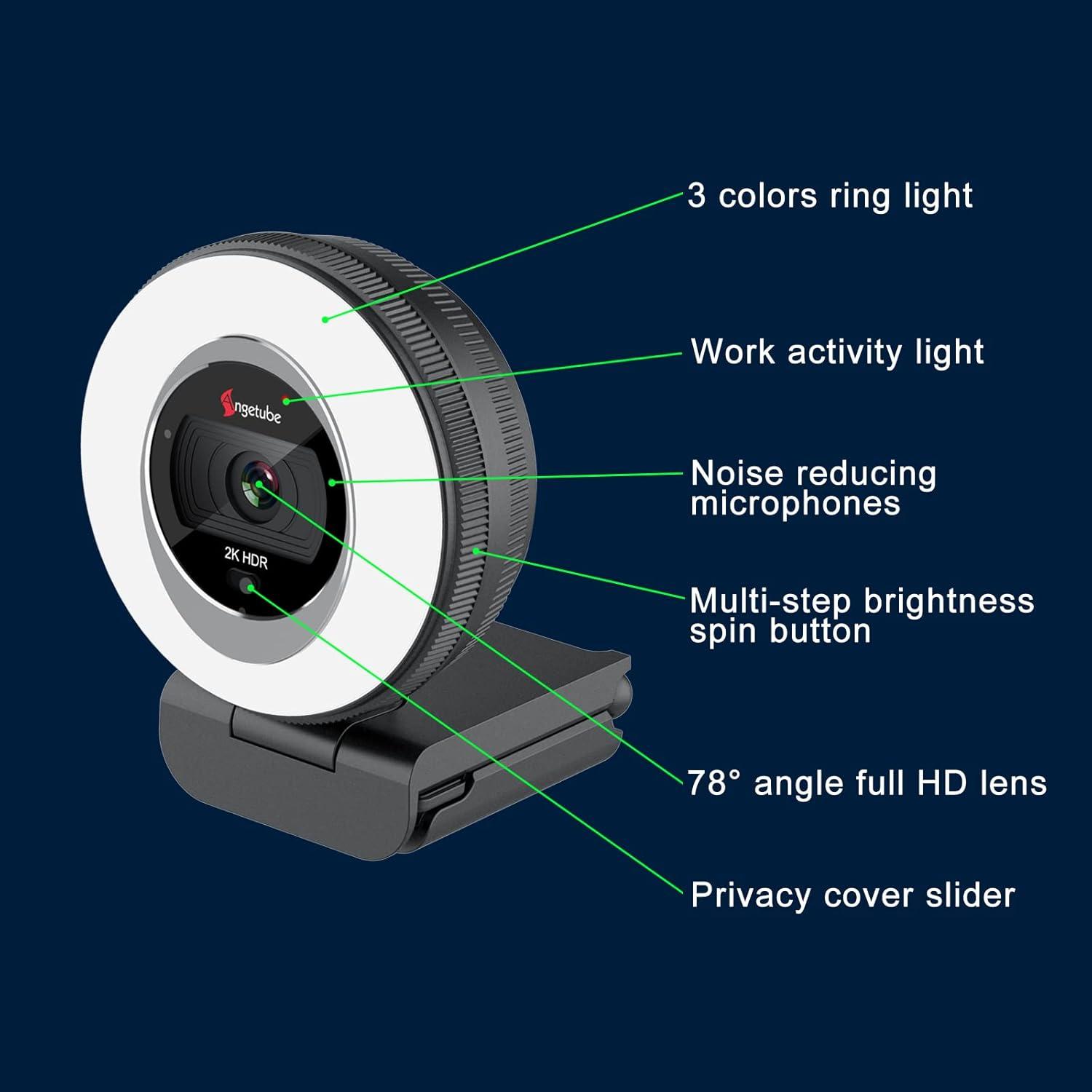 Cámara Web Angetube 863Plus 2K con Luz de Anillo y Control Remoto