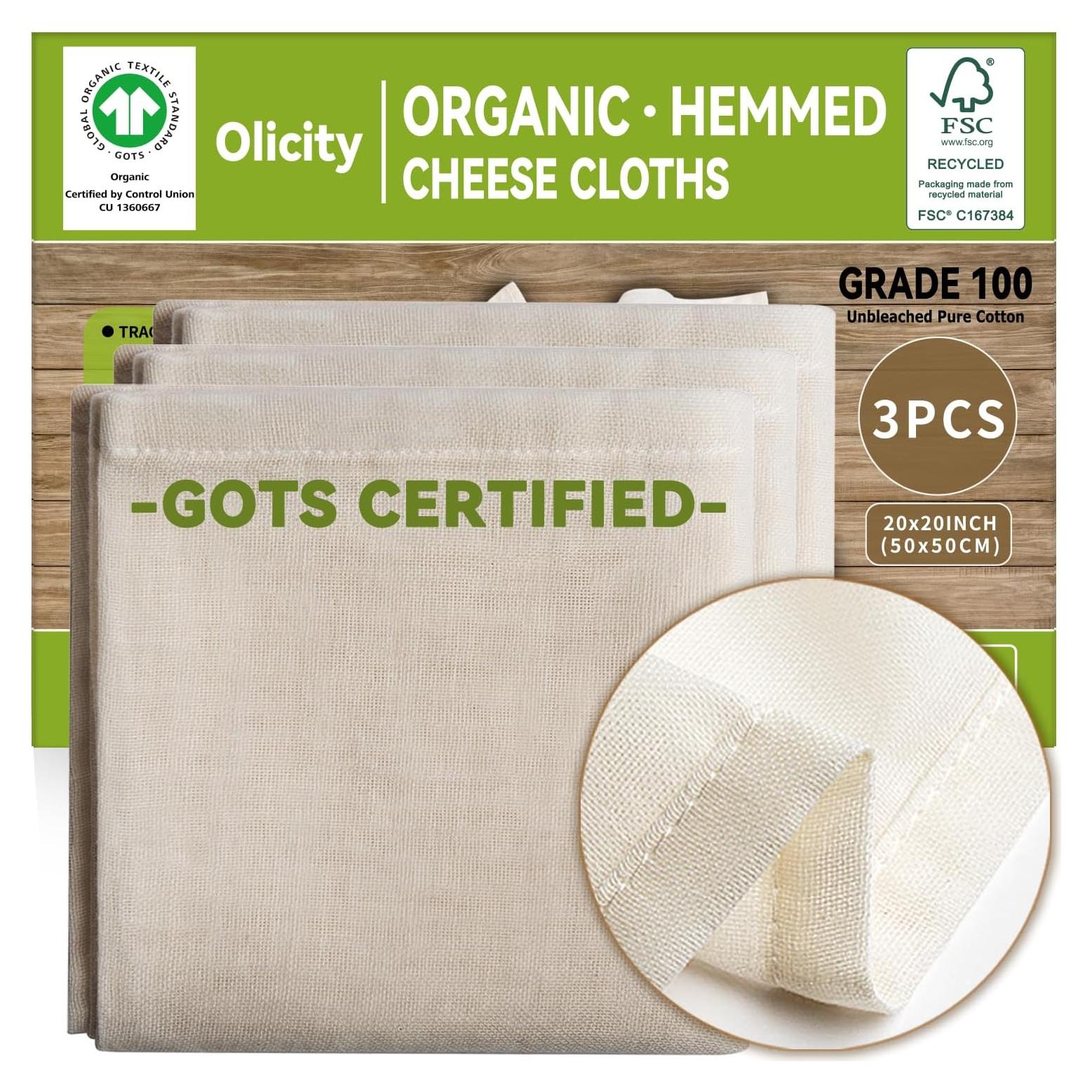 Paños de Queso Orgánicos Olicity, 20x20 cm, Paquete de 3