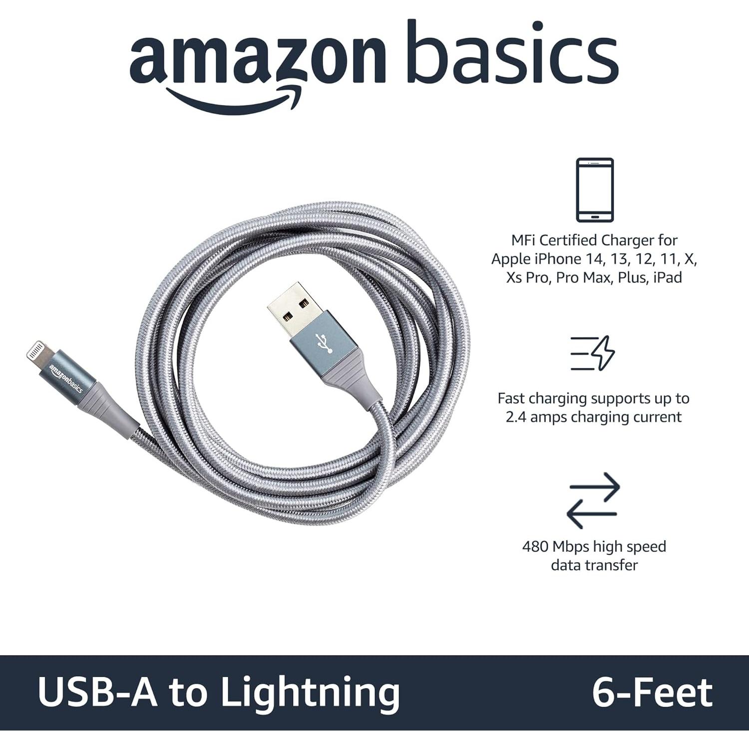Cable USB-A a Lightning Amazon Basics 1.83m Nylon MFi Gris