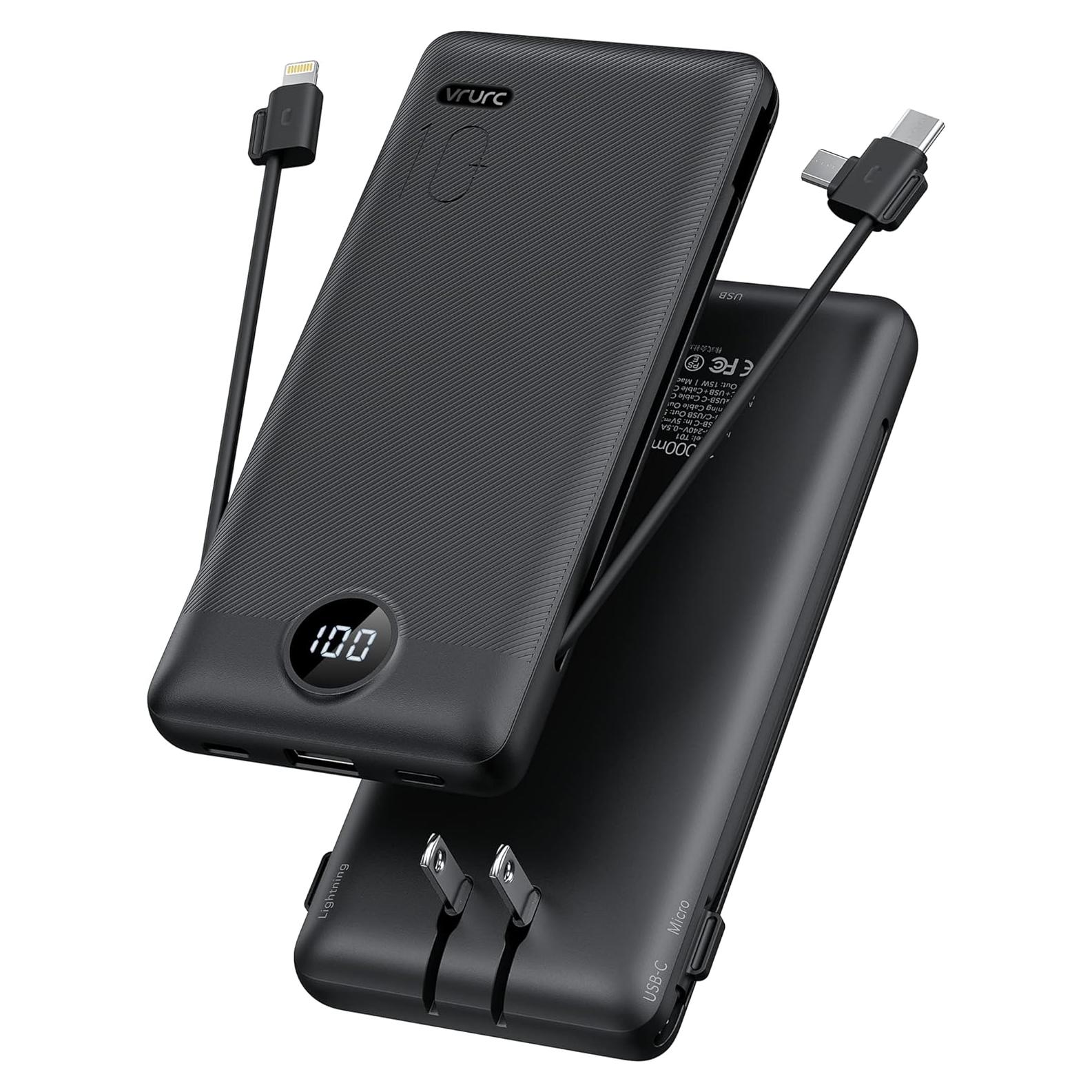 Cargador Portátil VRURC 10000mAh con Cables Integrados - Negro