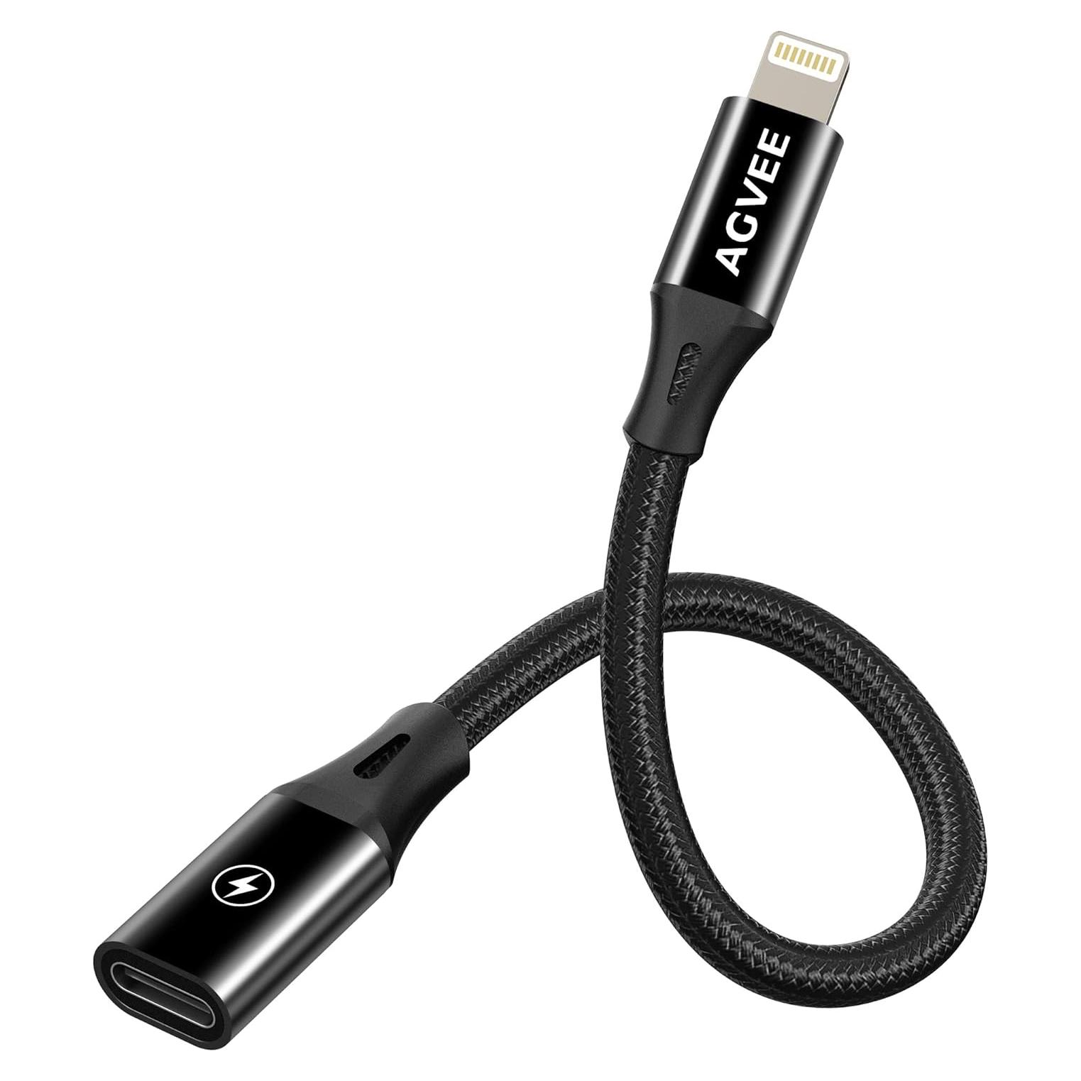 Adaptador USB-C a Lightning AGVEE 4" 30W Carga Rápida Negro