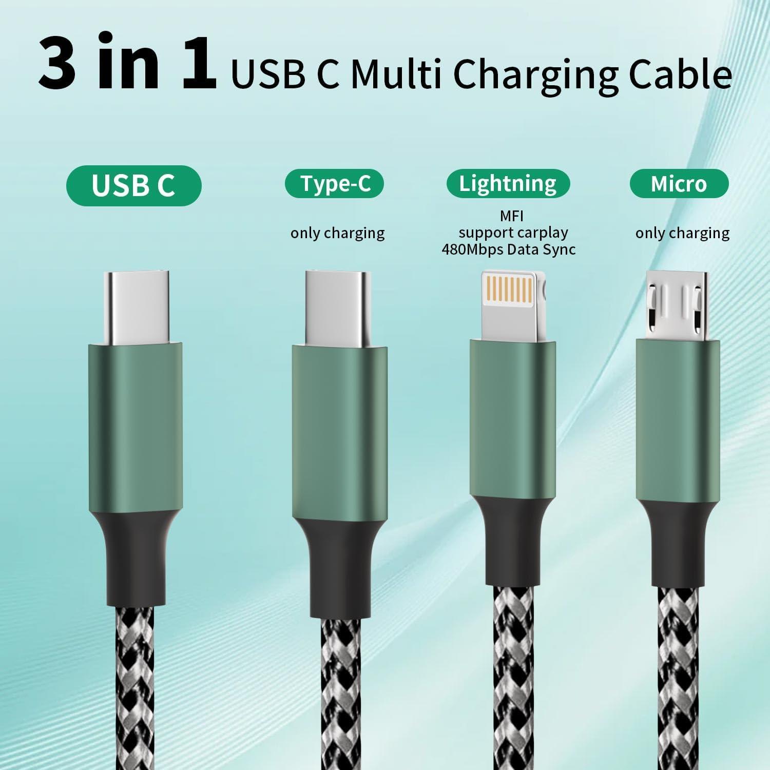 Cable de Carga Múltiple 3 en 1 Firsting 1.2m USB C Negro Verde