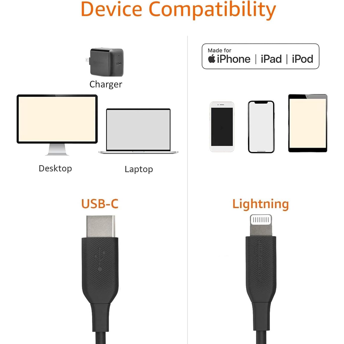 Cable USB-C a Lightning Amazon Basics MFi 0.91m Negro