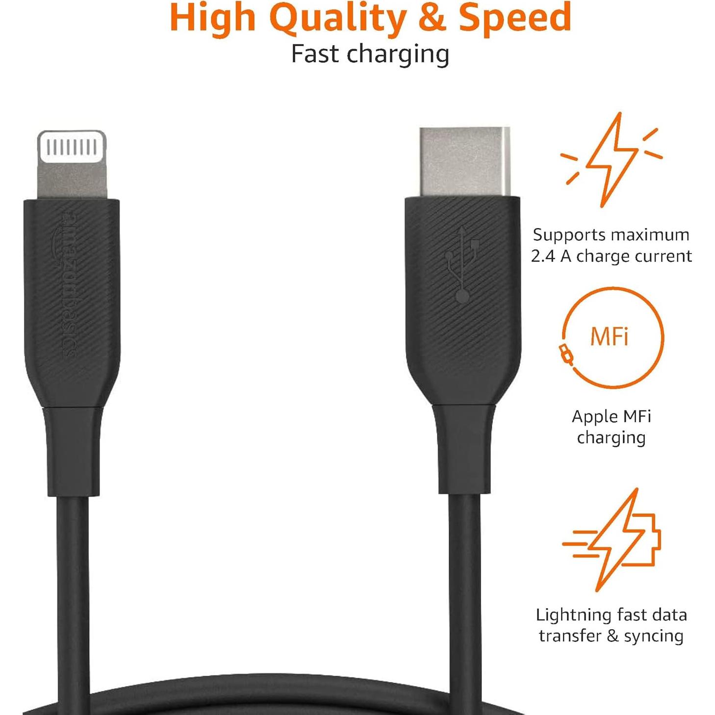 Cable USB-C a Lightning Amazon Basics MFi 0.91m Negro