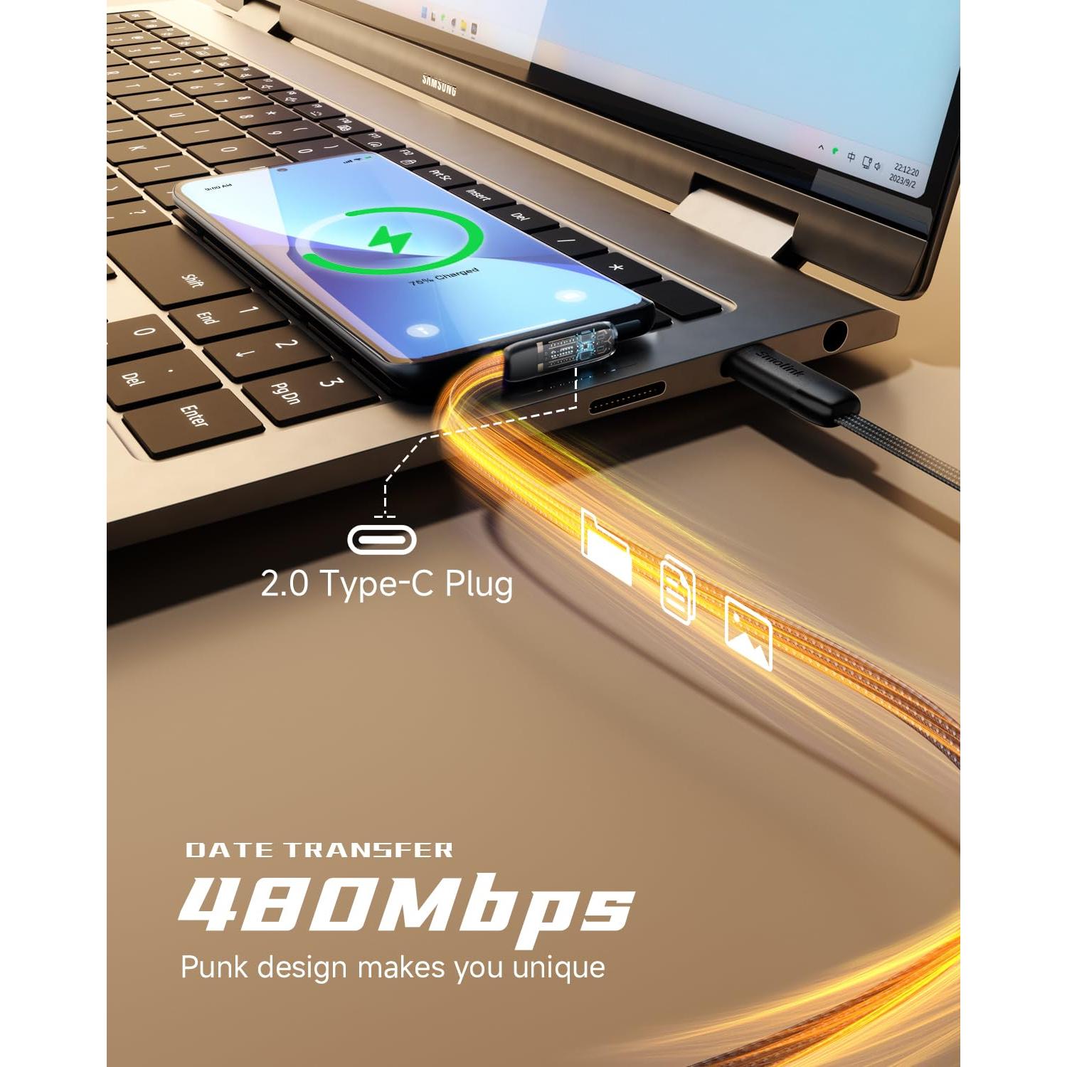 Cable USB C en Ángulo Recto Smolink 3FT 100W 2-Pack Negro