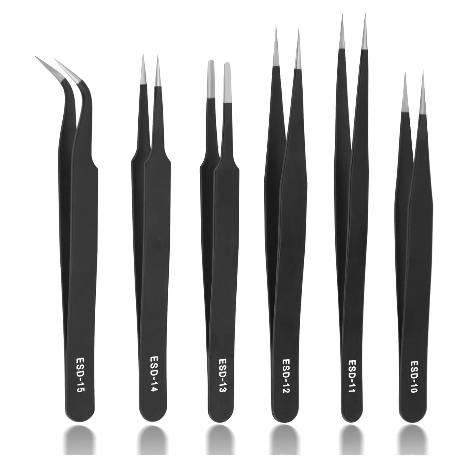 Juego de Pinzas de Precisión ESD 6 PCS Acero Inoxidable