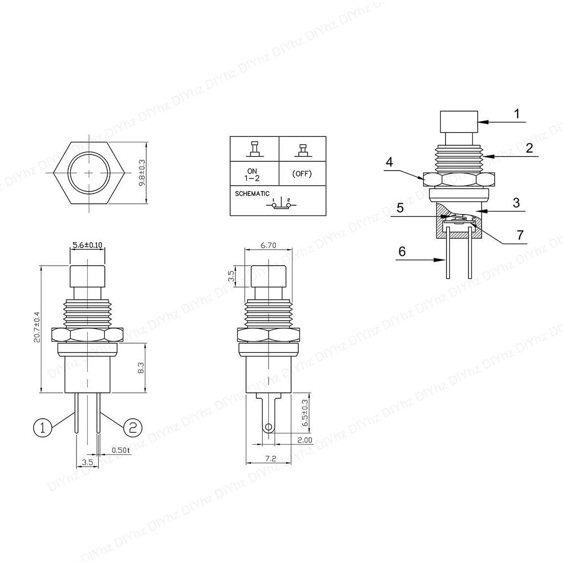Interruptor de botón momentáneo DIYhz NC 1A 250V 20pcs