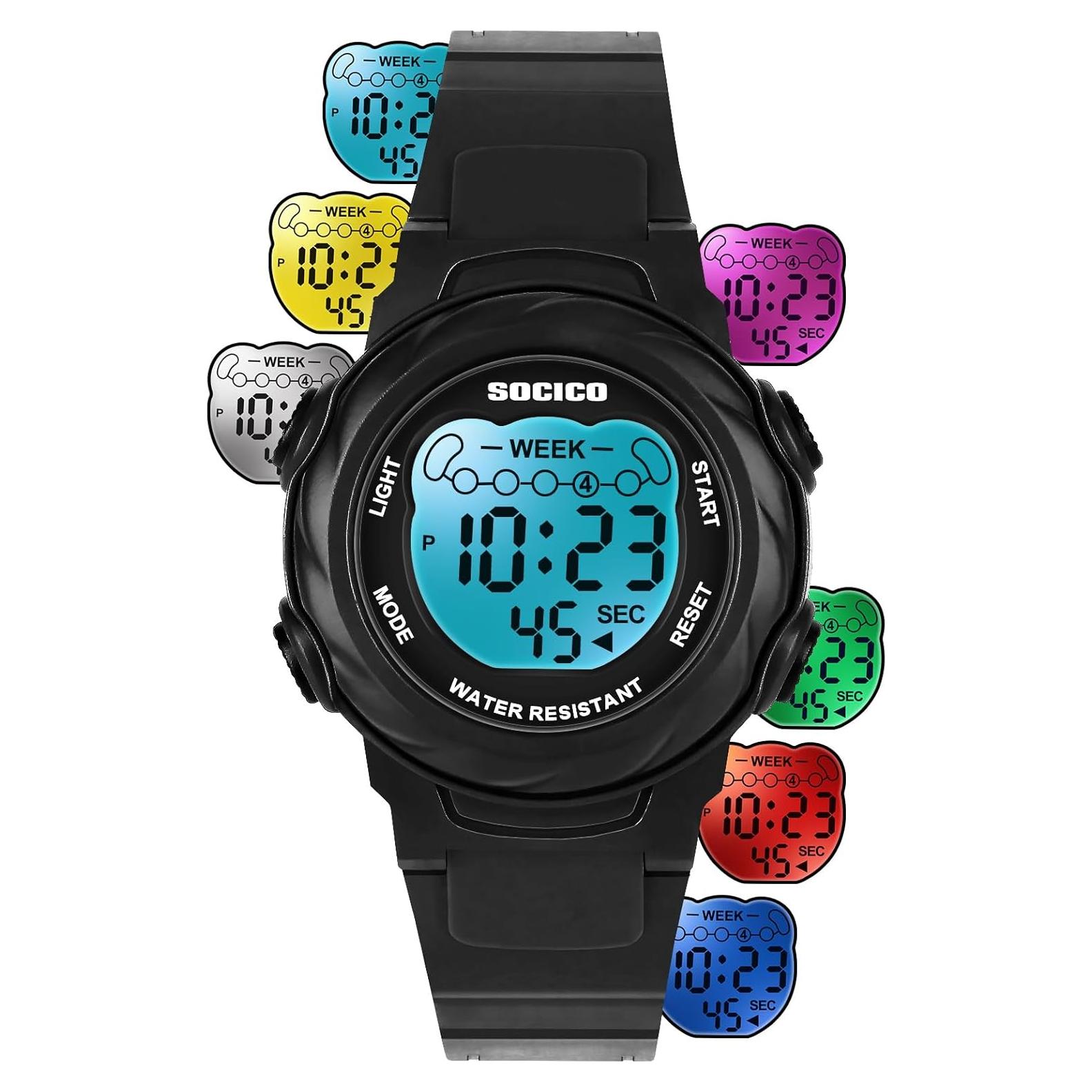 Reloj Digital Infantil SOCICO Impermeable 7 Colores Cronómetro