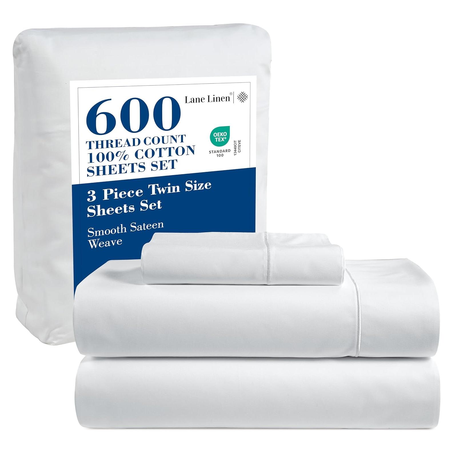 Juego de Sábanas Twin Lane Linen 600 Hilos 100% Algodón Blanco