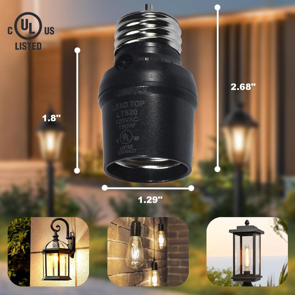 Adaptador de Enchufe con Sensor de Luz HQRP E26 E27 Negro 2 Pzas