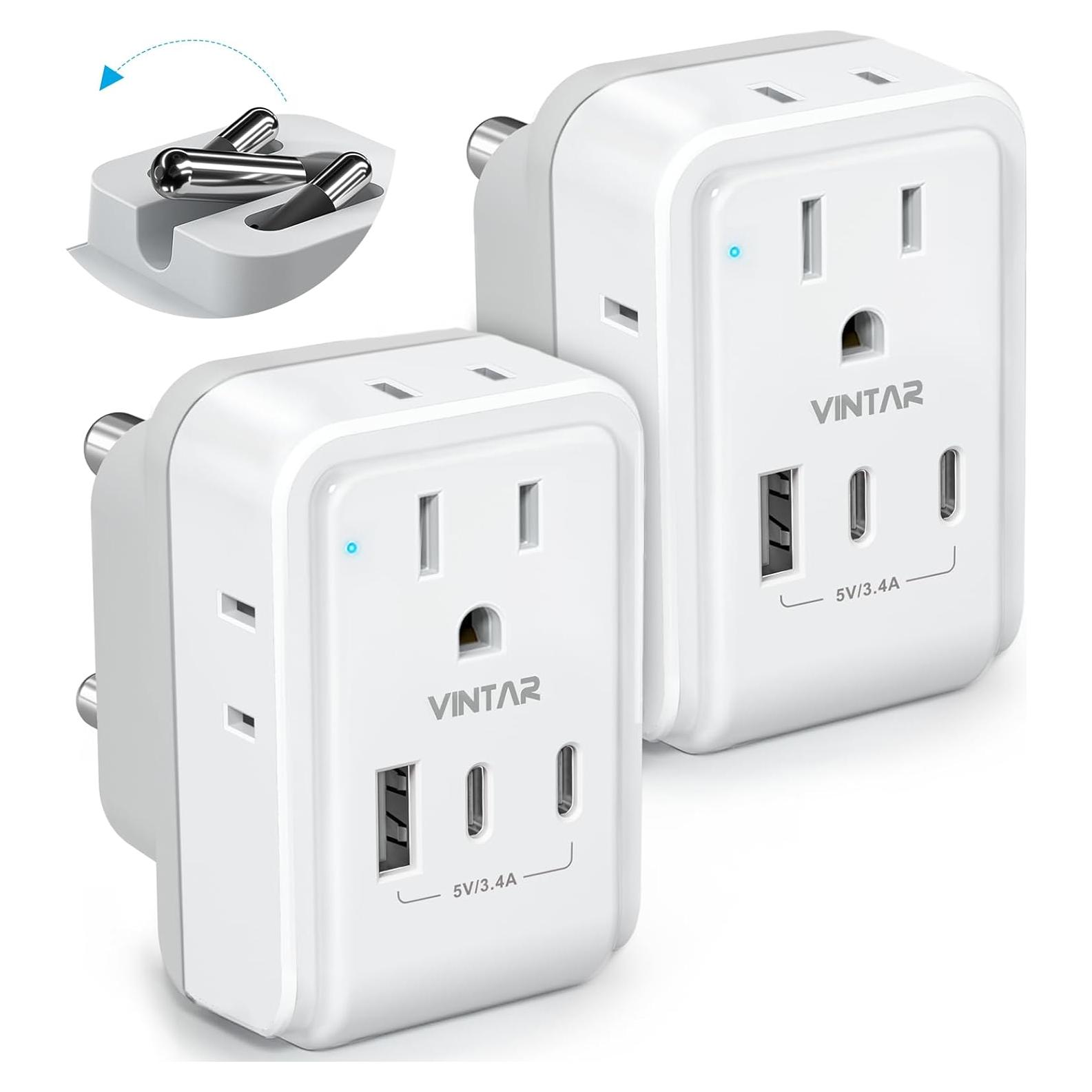 Adaptador de Enchufe Tipo M VINTAR 2 Pack 4 Salidas AC 3 USB