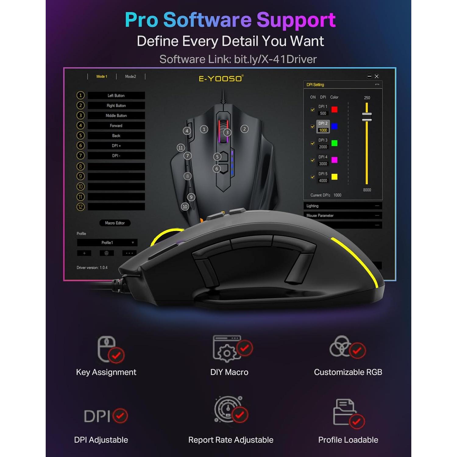 Ratón Gaming E-YOOSO X-41 con Cable, 12400 DPI, 11 Botones