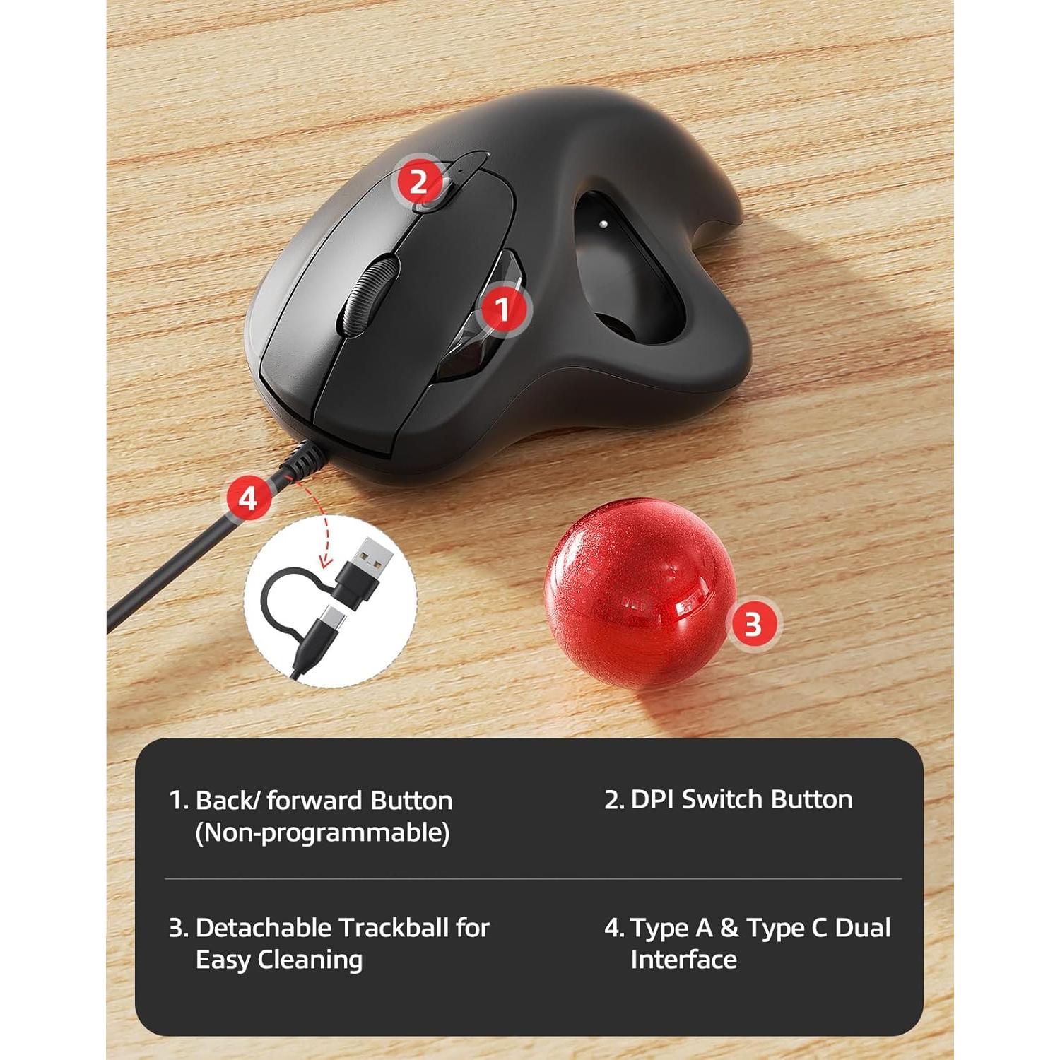 Nulea M509 Trackball Mouse Wired, Ergonomic Design, Easy Thumb Control, Precise & Smooth Tracking, 2-in-1 Interface (Type A &Type C), Compatible for PC, Laptop, Mac, Windows(Red).