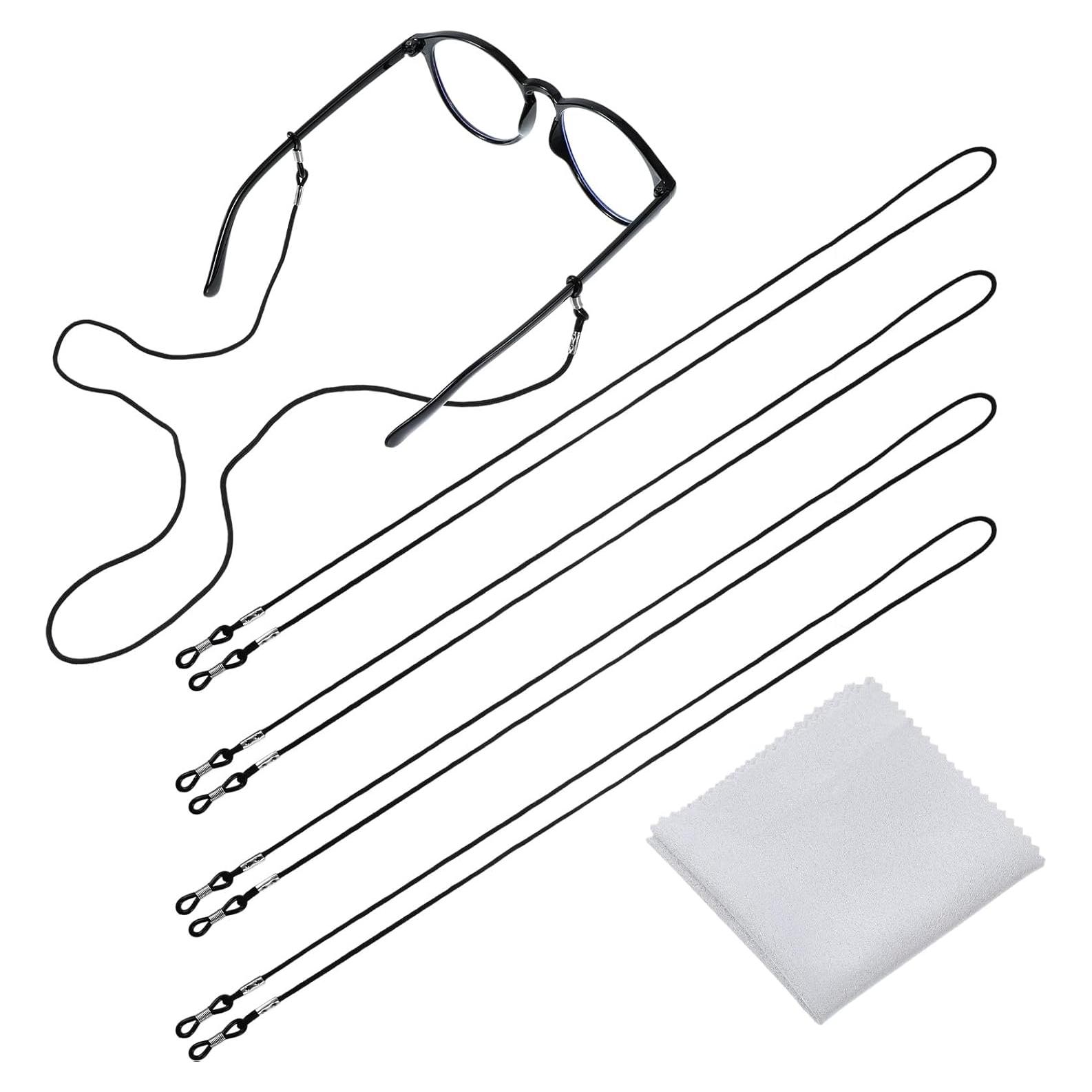4 Correas Ajustables para Gafas Negras + Paño Microfibra 15x15cm