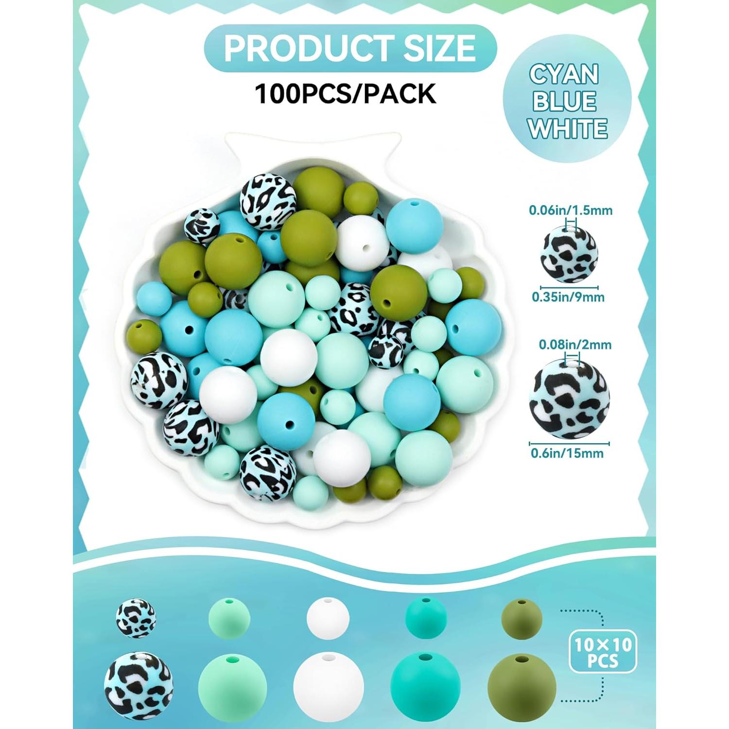 100 Perlas de Silicona FIVEIZERO 9mm y 15mm Azul Cian Blanco