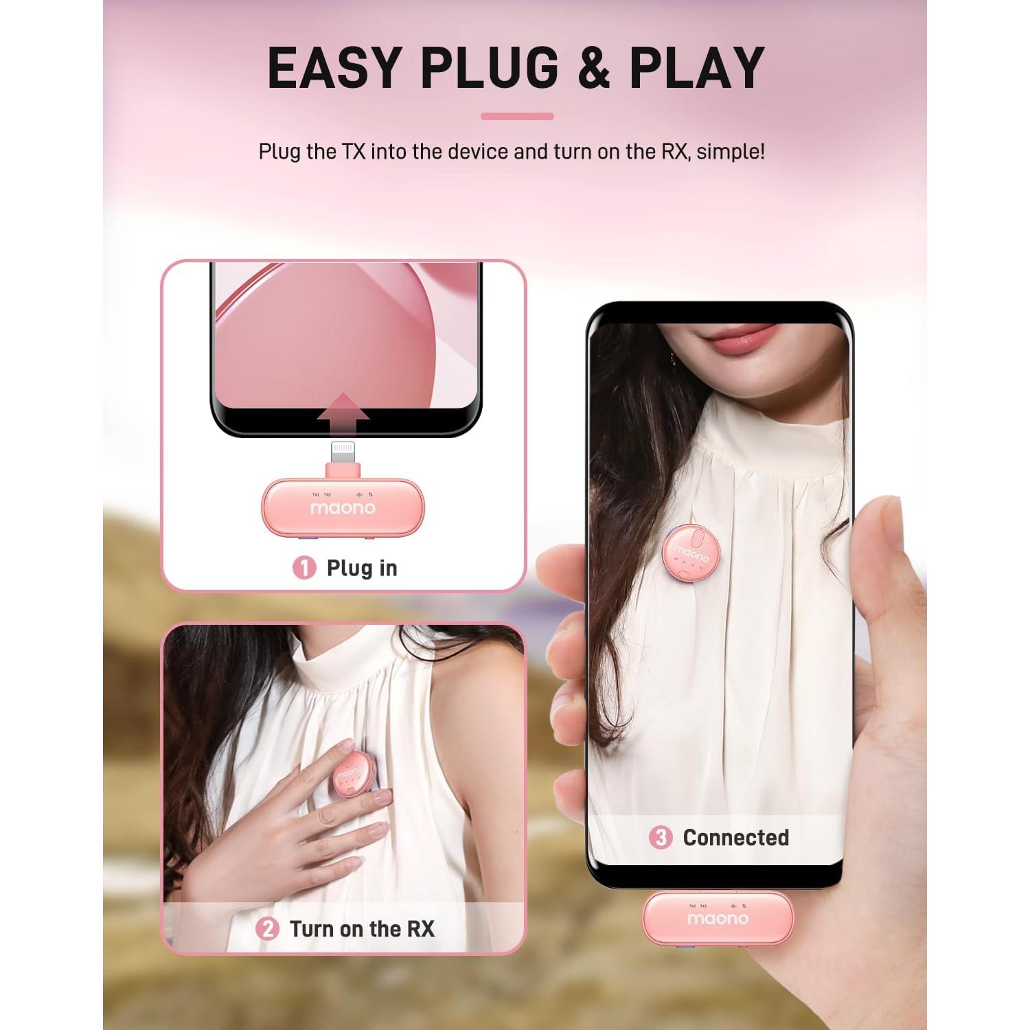 Micrófono Lavalier Inalámbrico MAONO WM620 Rosa 48kHz