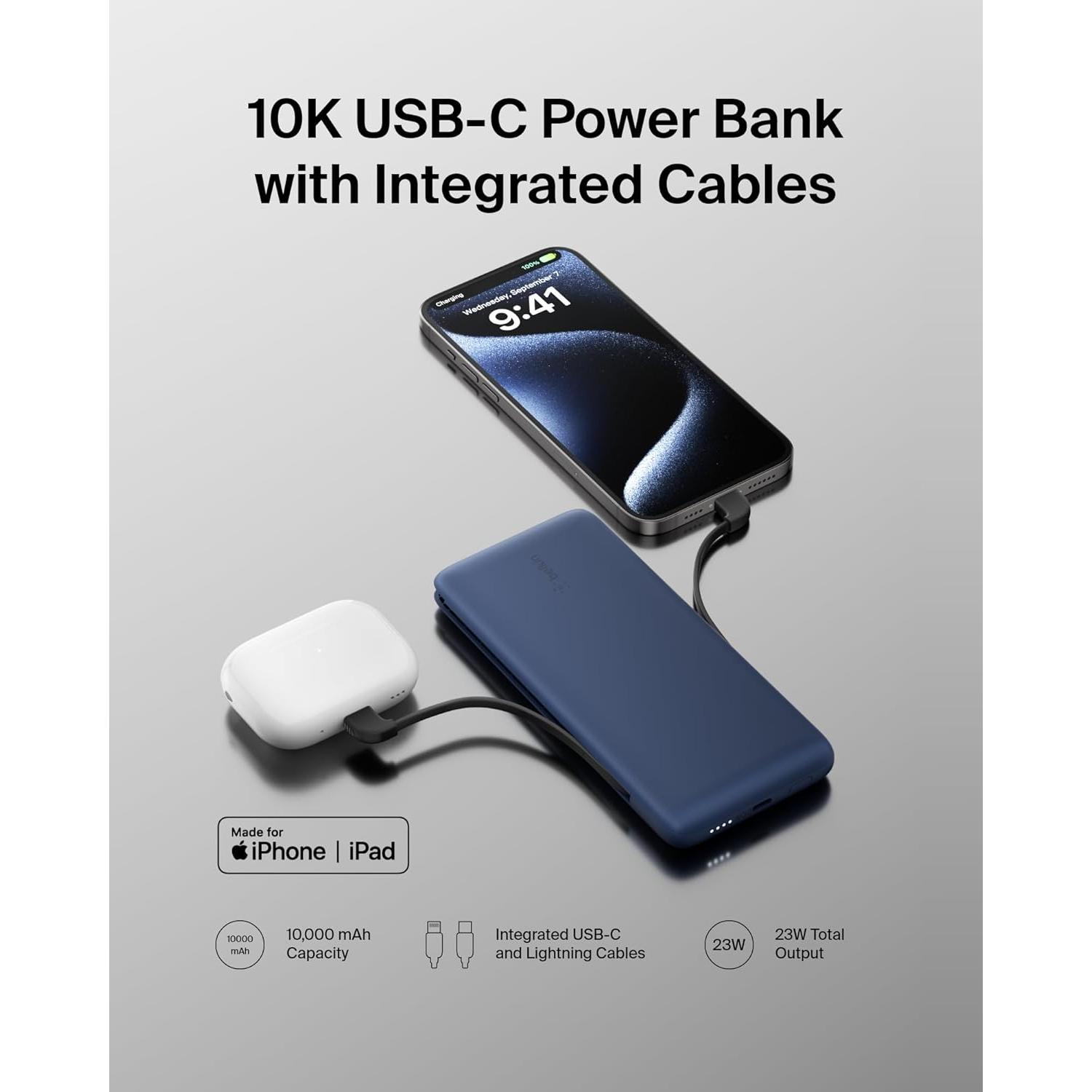 Cargador Portátil Belkin 10,000mAh 23W USB-C y Lightning