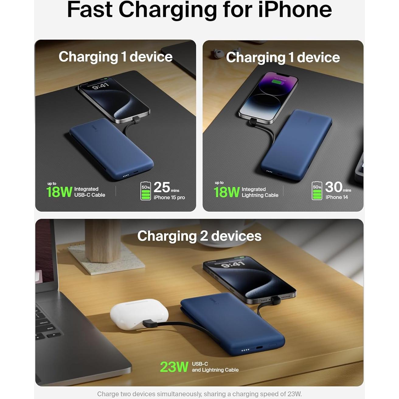 Cargador Portátil Belkin 10,000mAh 23W USB-C y Lightning