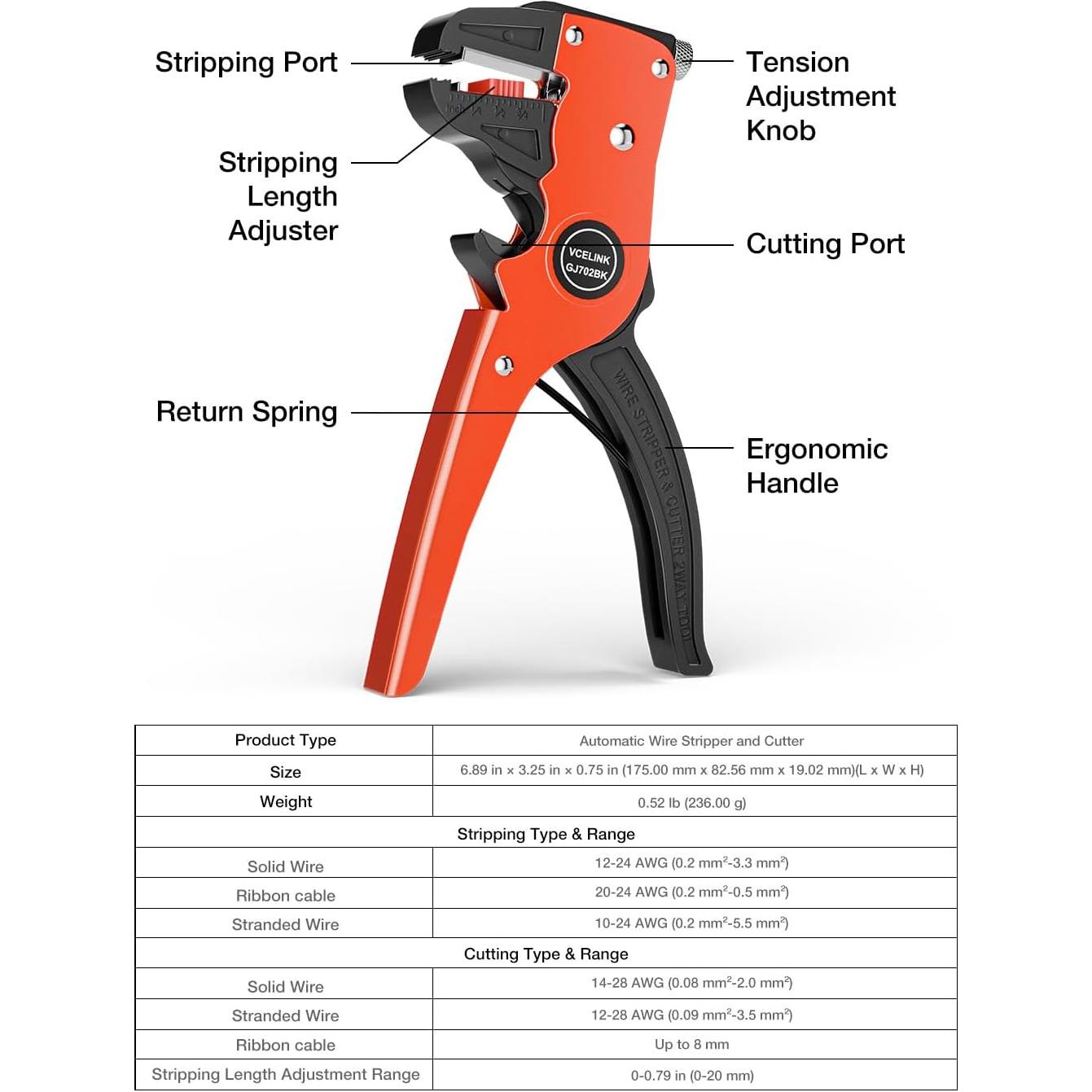 Destripador de Cables Automático VCELINK 2 en 1 Ajustable Negro