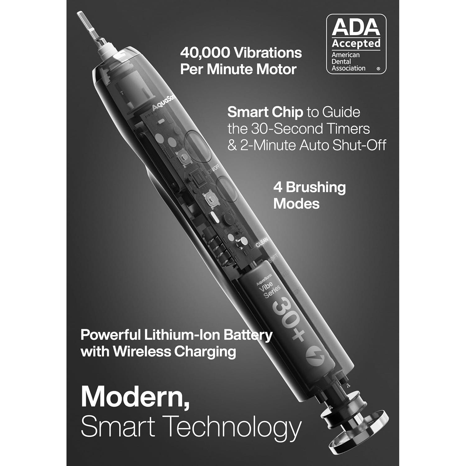 Cepillo de dientes eléctrico Aquasonic Vibe - 40,000 VPM, 8 cabezales