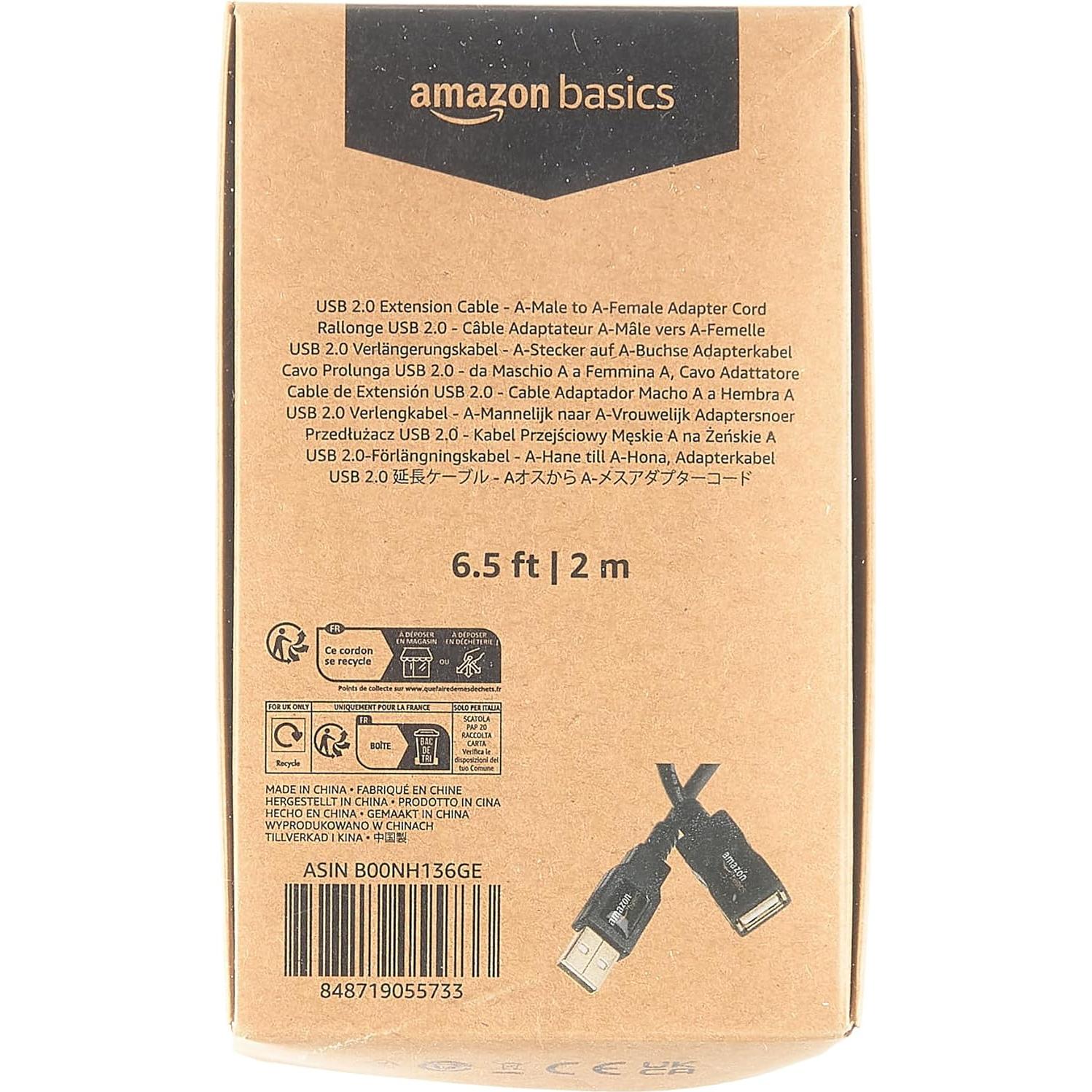Cable de Extensión USB 2.0 Amazon Basics Macho a Hembra 2m