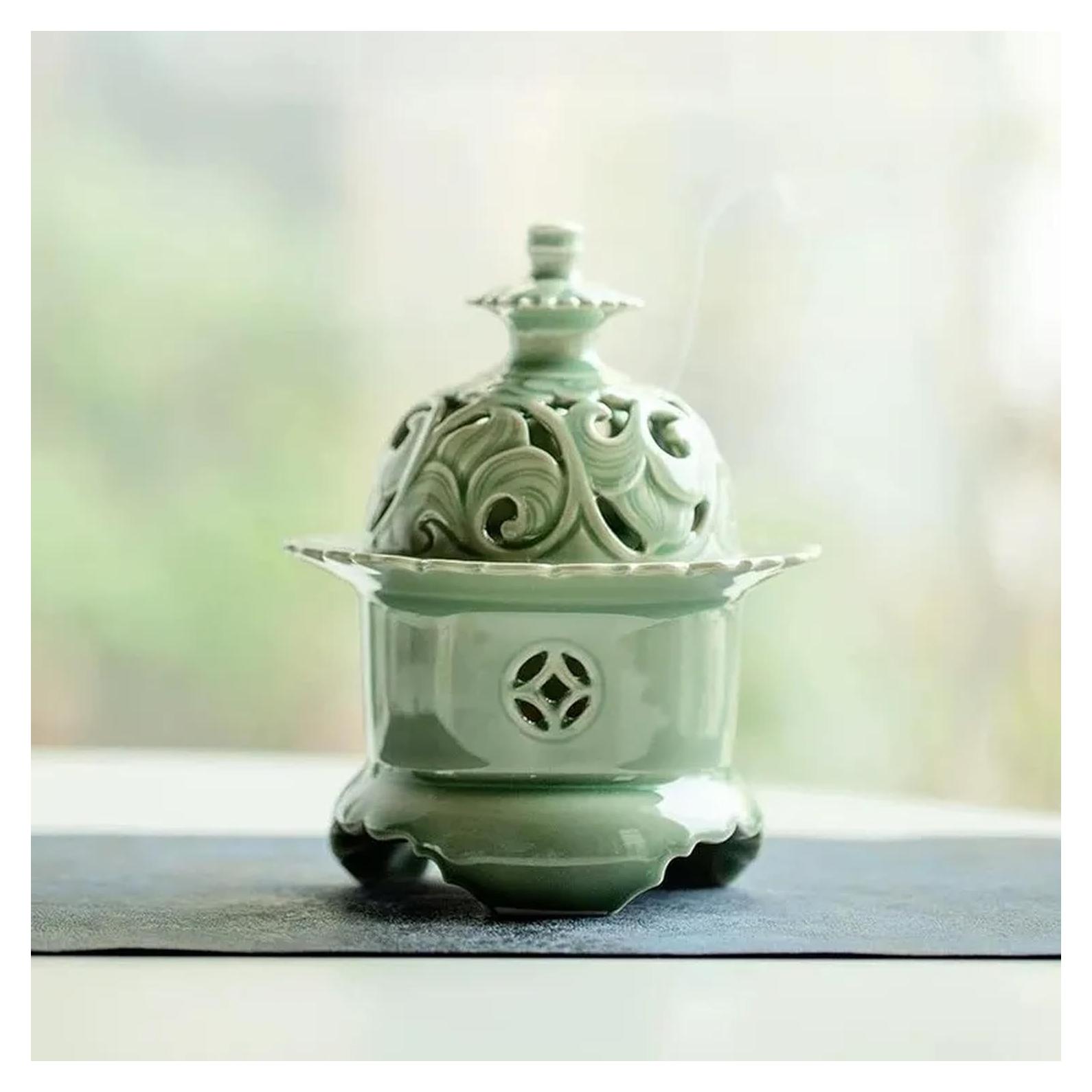 Horno de Incienso Hermit Life Celadón 13x16 cm con Tapa Loto