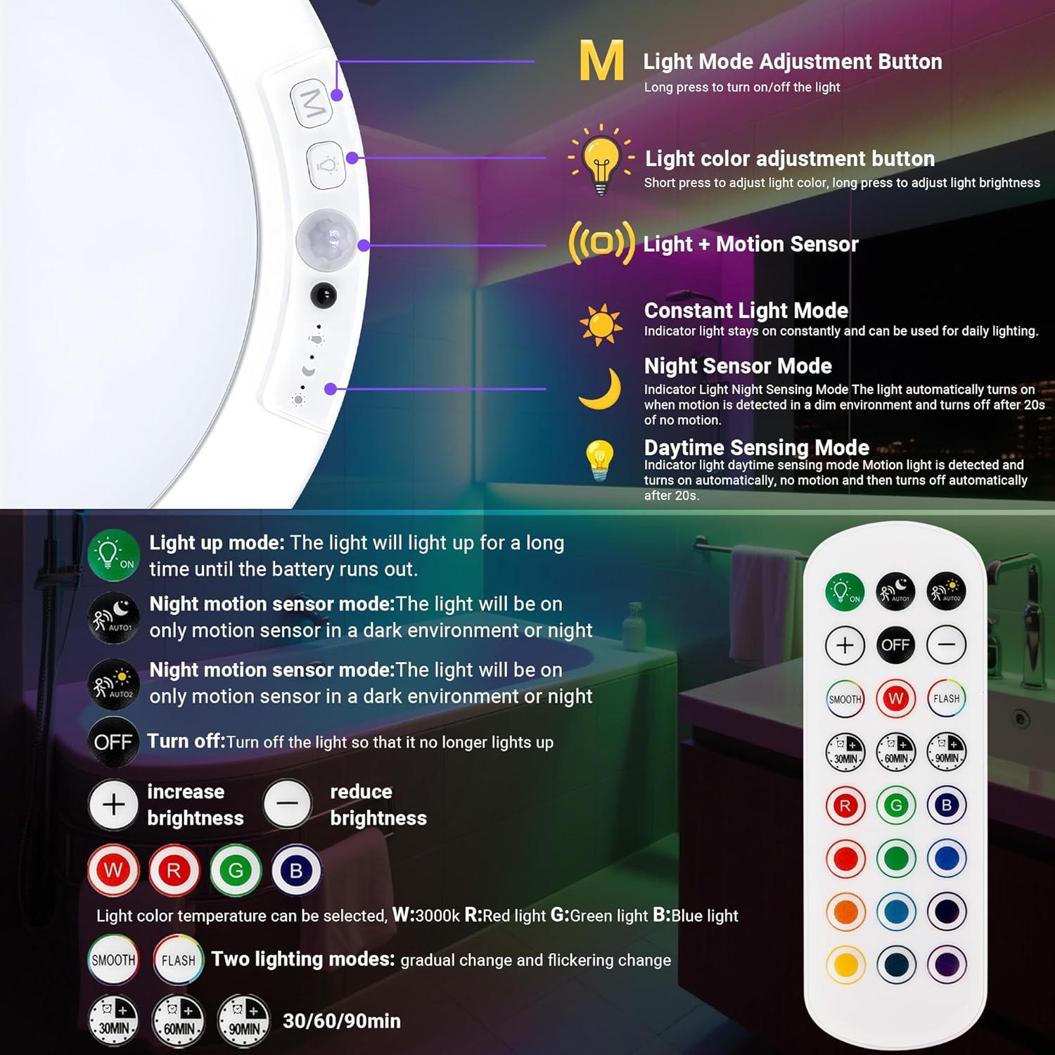 Luz de Ducha LED Rodalims con Control Remoto y Sensor 1 Paquete