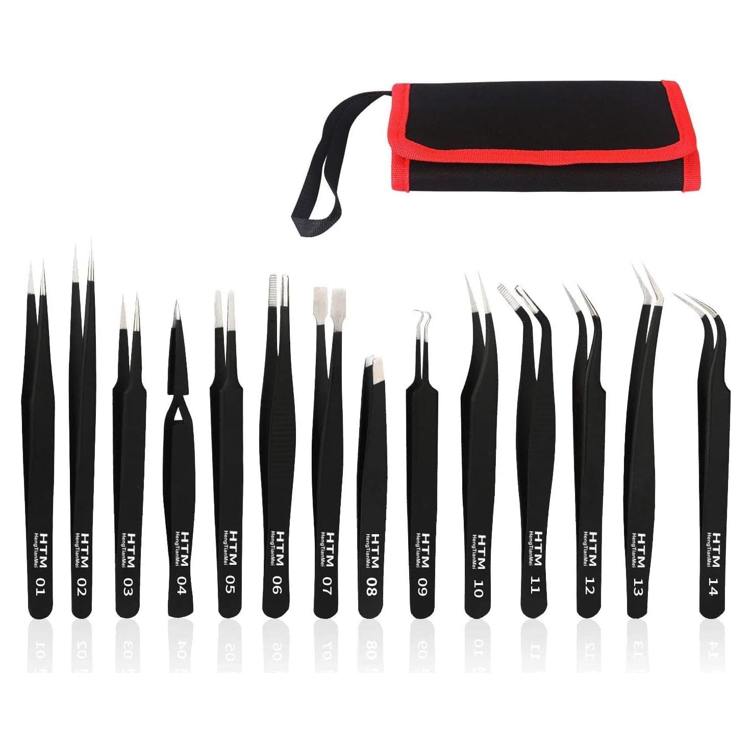 Juego de Pinzas de Precisión HengTianMei 14 Piezas Acero Inoxidable