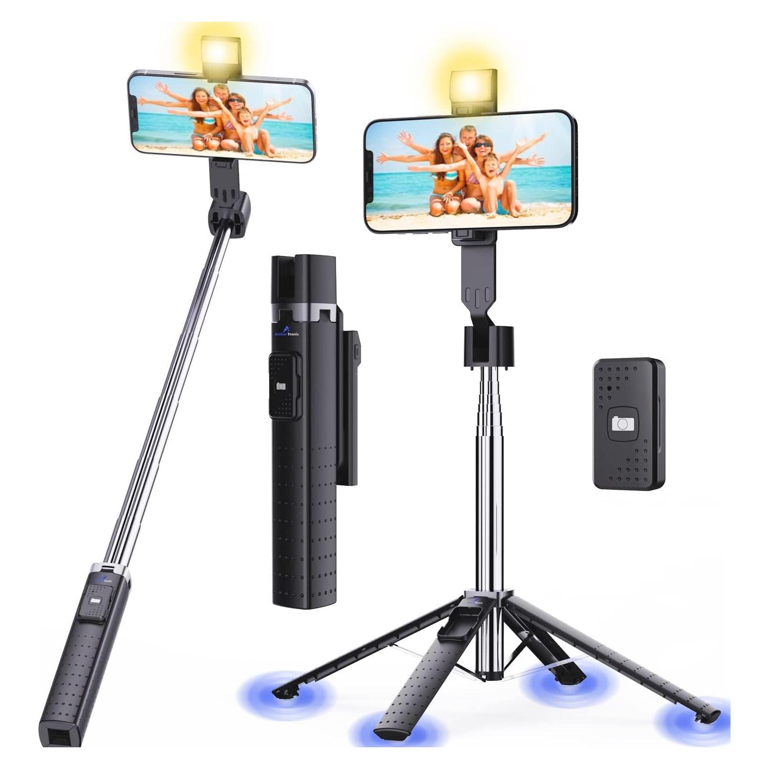 Palo de Selfie Trípode Ambertronix 40" con Luz LED y Control Remoto