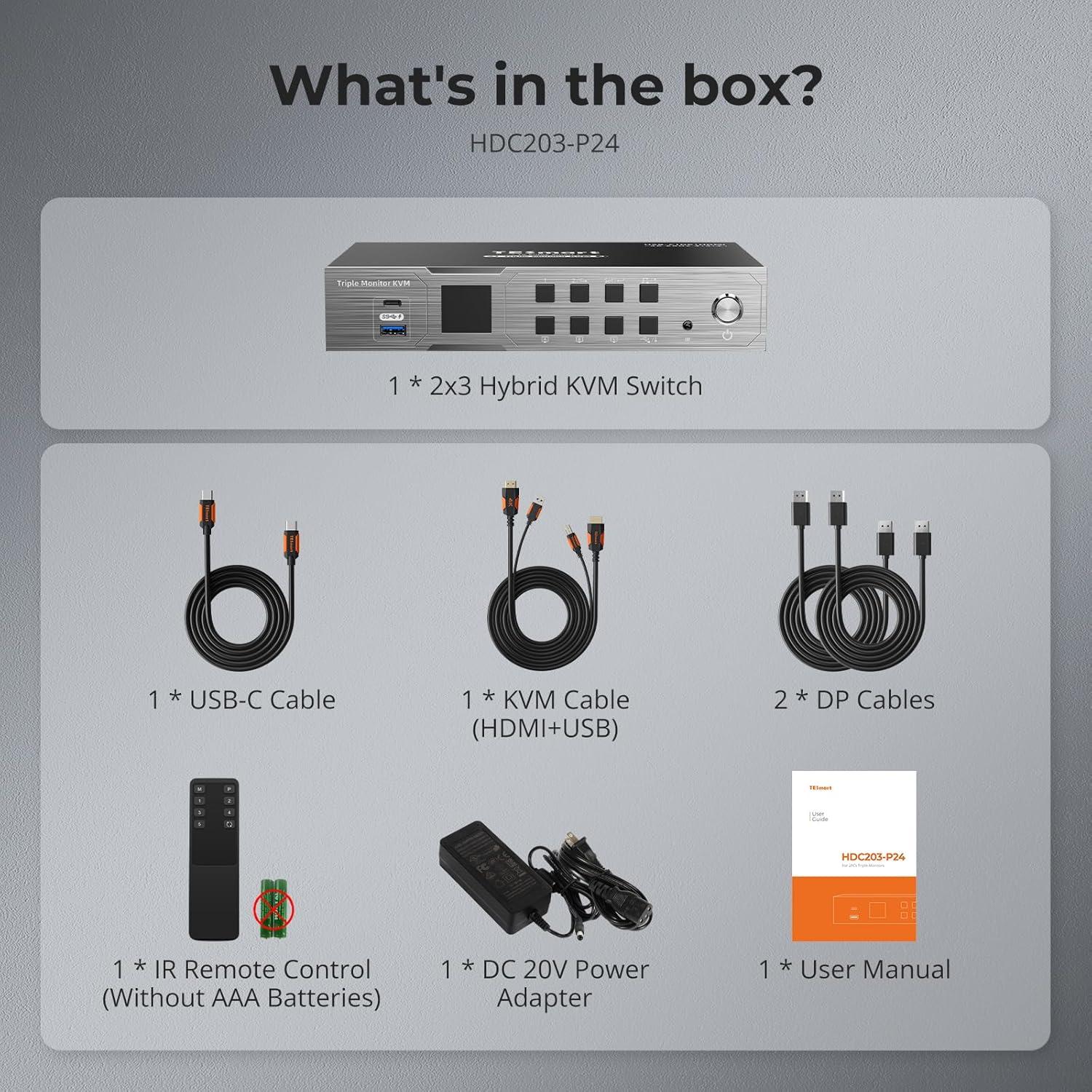 Interruptor KVM TESmart 3 Monitores 4K USB-C 60Hz