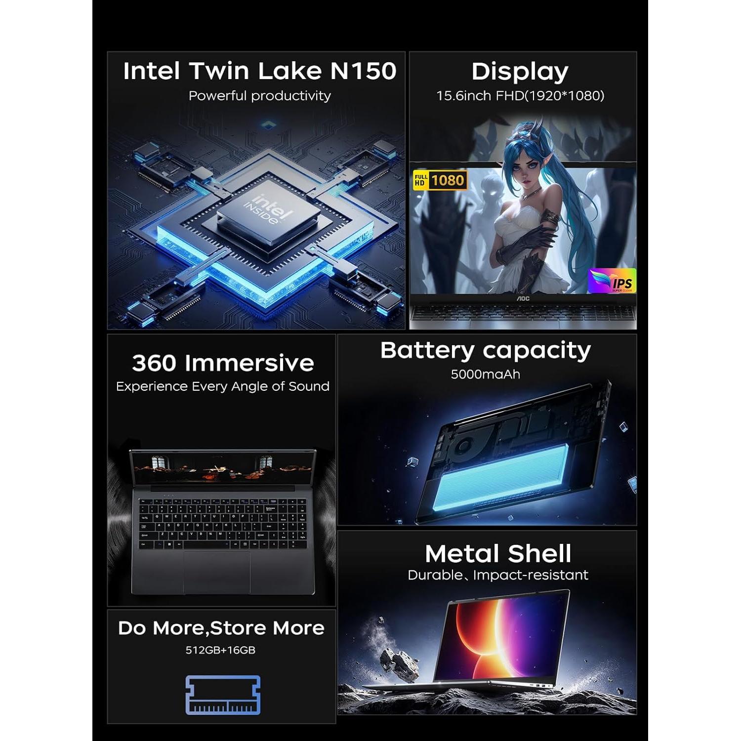 Laptop AOC TX15 15.6" FHD Intel N150 16GB RAM 512GB SSD