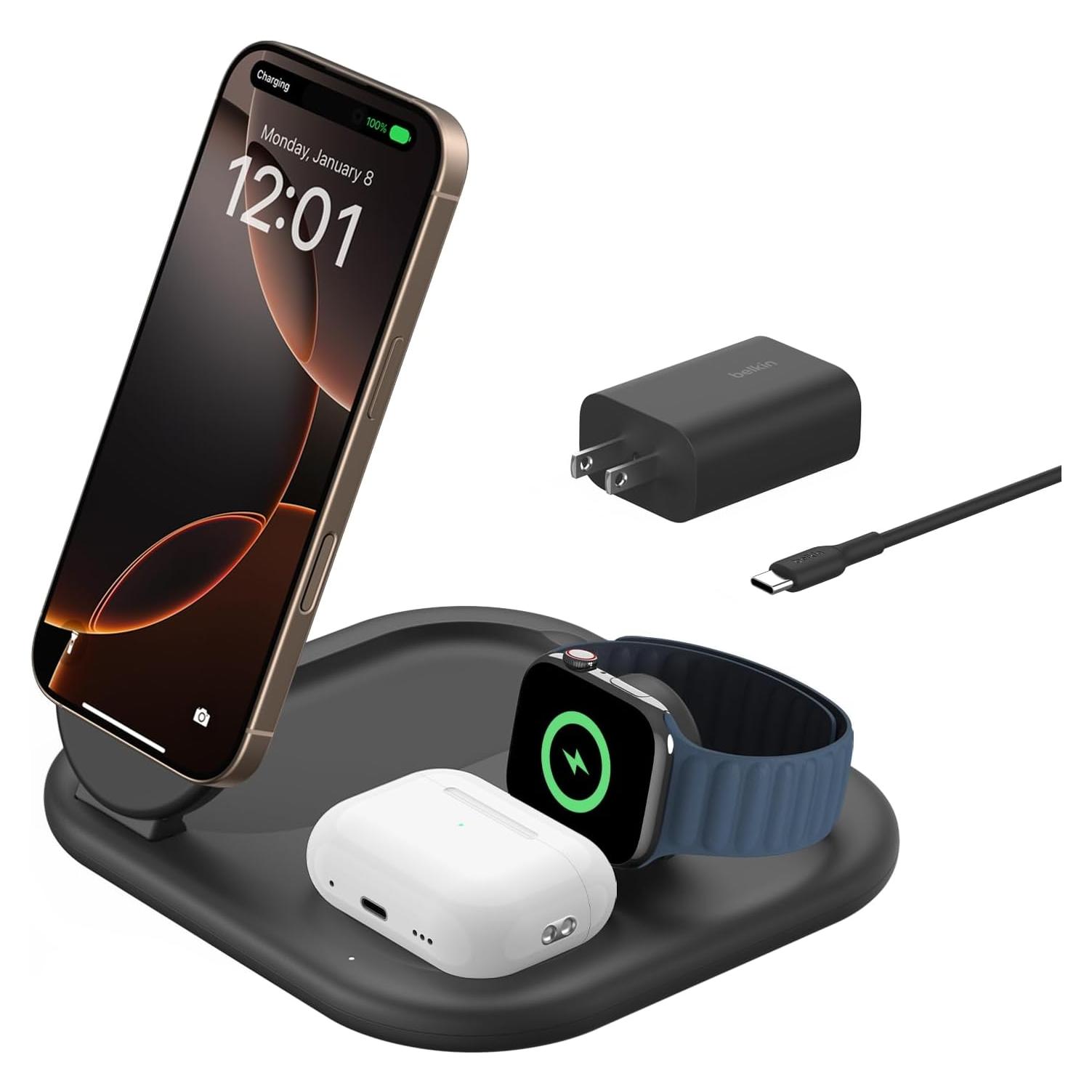 Cargador Belkin 3 en 1 Magnético Plegable Qi2 15W - Negro