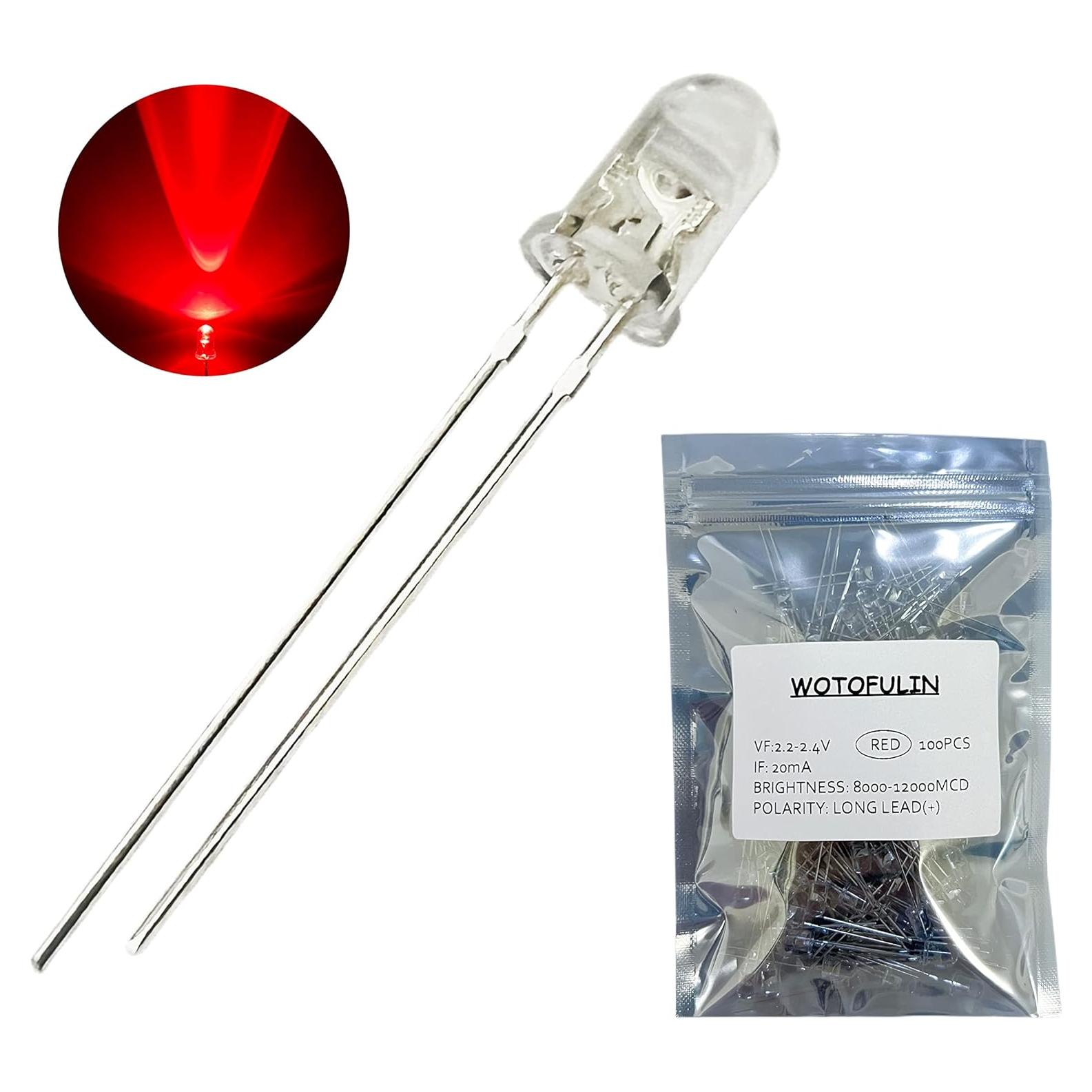 Luces LED Rojas 5mm WOTOFULIN 100pcs 20mA Lente Clara