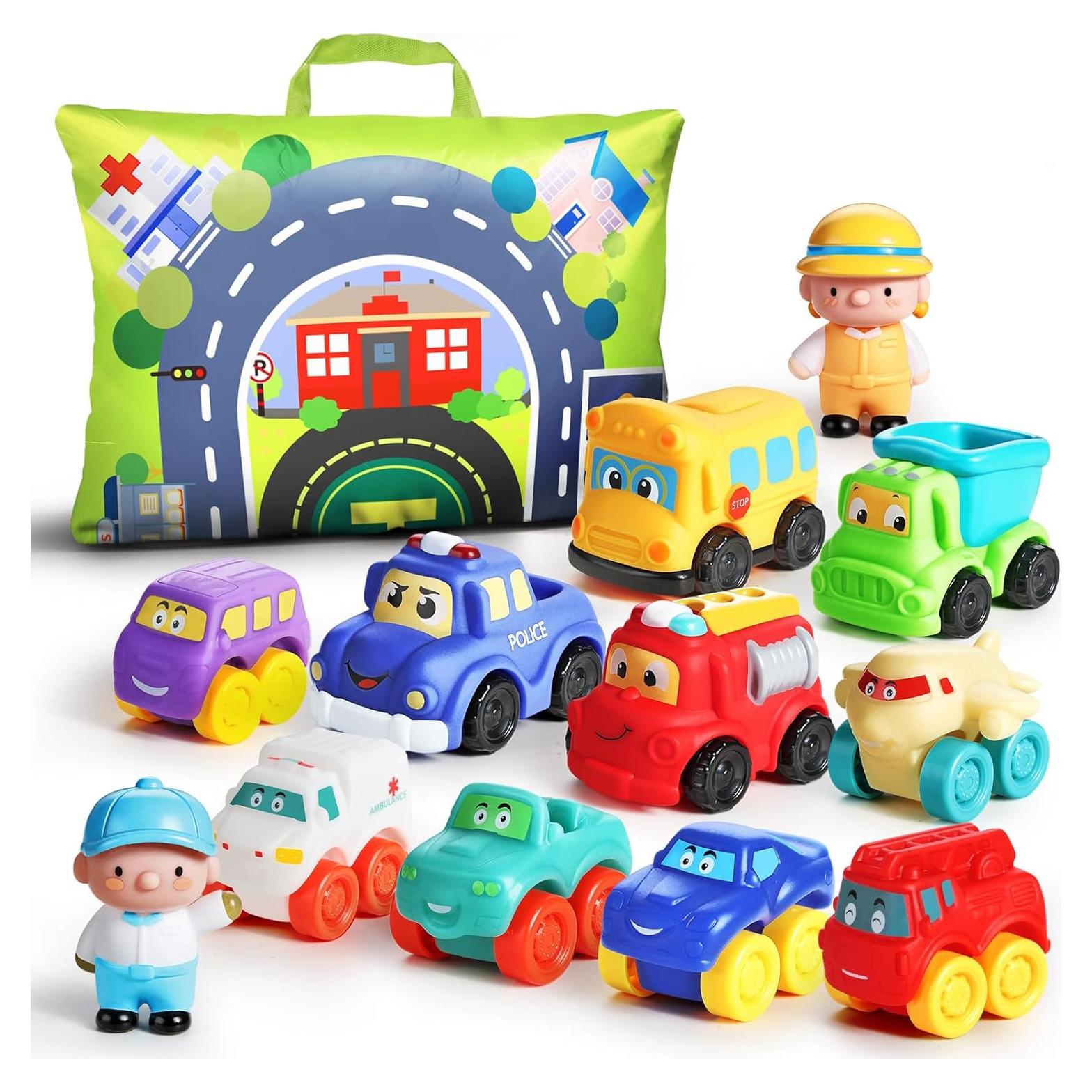 ALASOU Juguetes de Coche de Goma Suave 12 Piezas para Niños 1-3 Años