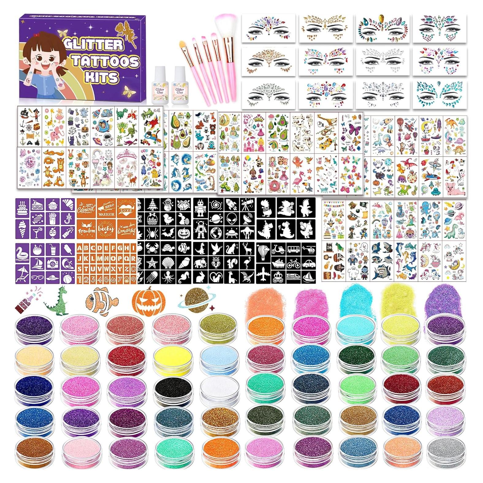 Kit de Tatuajes de Brillo TEUVO para Niños - 50 Colores y 128 Plantillas