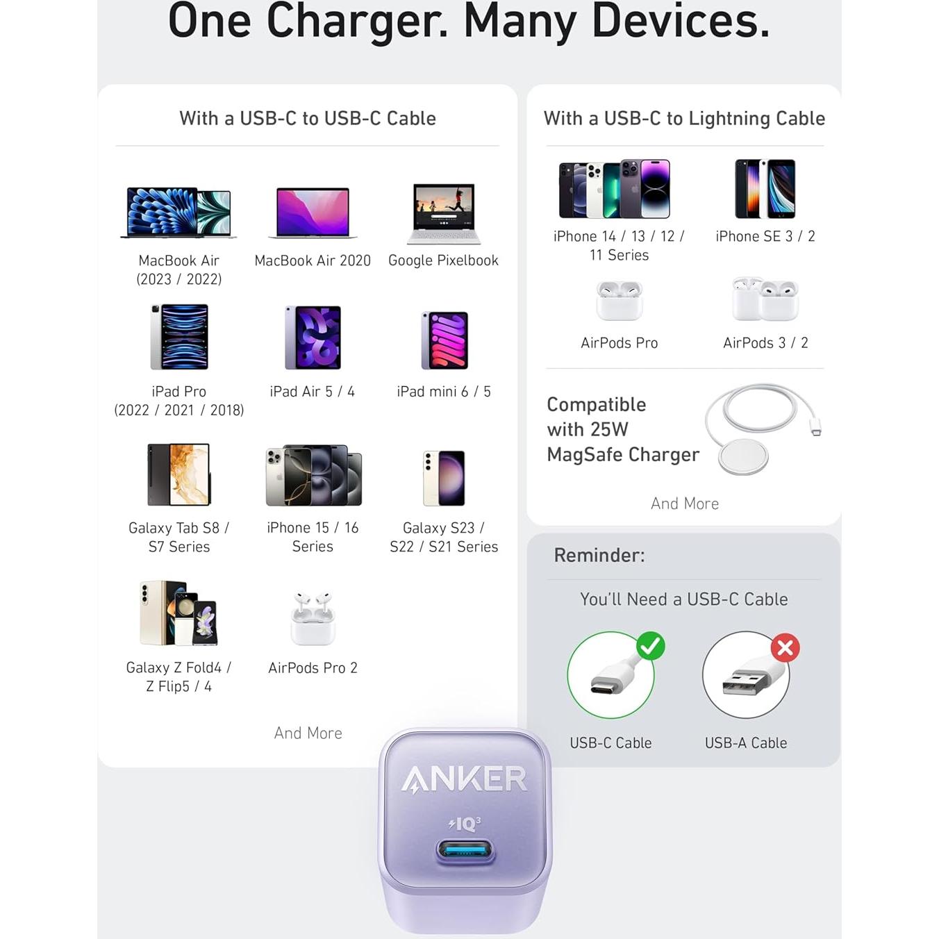 Cargador Anker 511 Nano 3 USB C 30W Carga Rápida Blanco