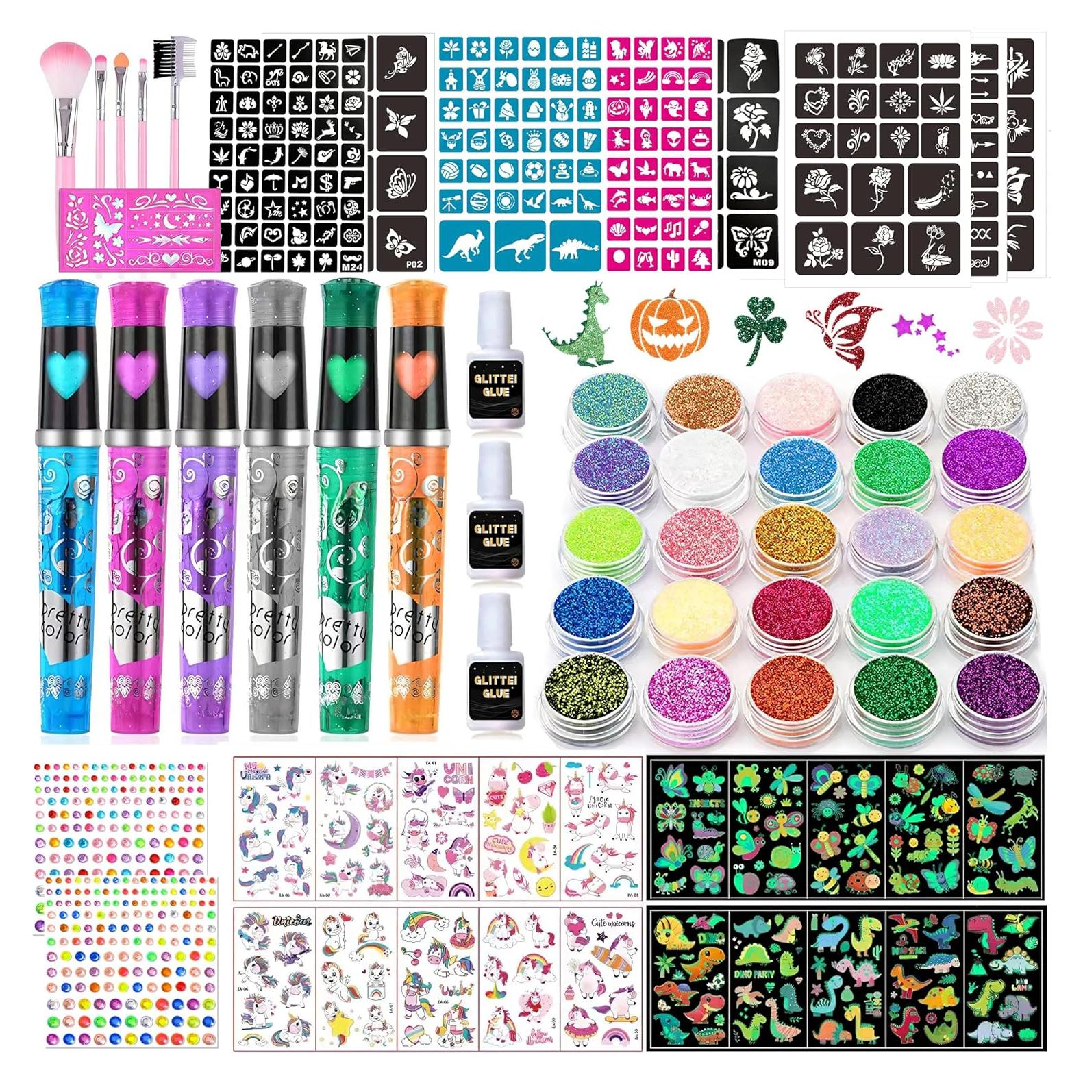Kit de Tatuajes Brillantes TEUVO para Niños - 25 Colores y 225 Plantillas