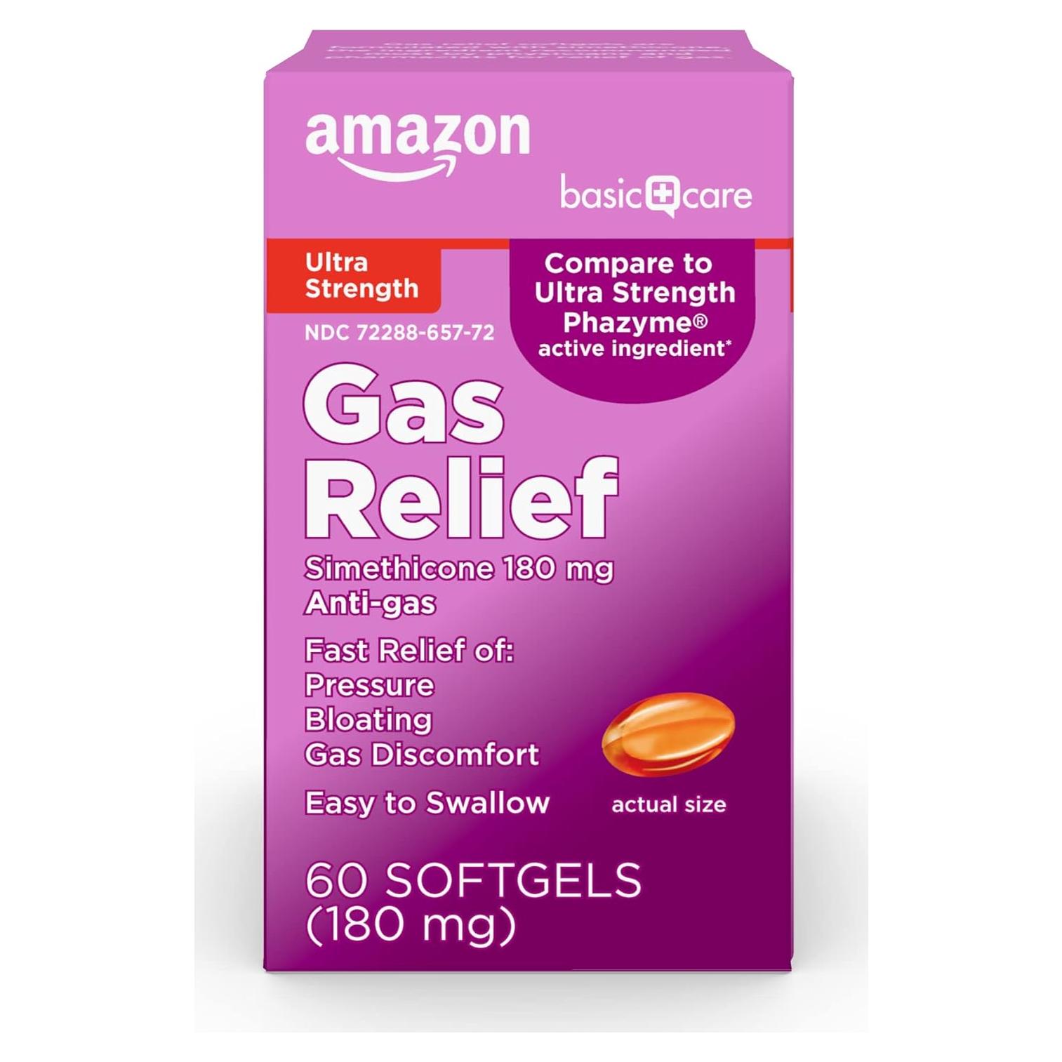 Alivio de Gas Simeticona 180 mg Amazon Basic Care 60 Cápsulas