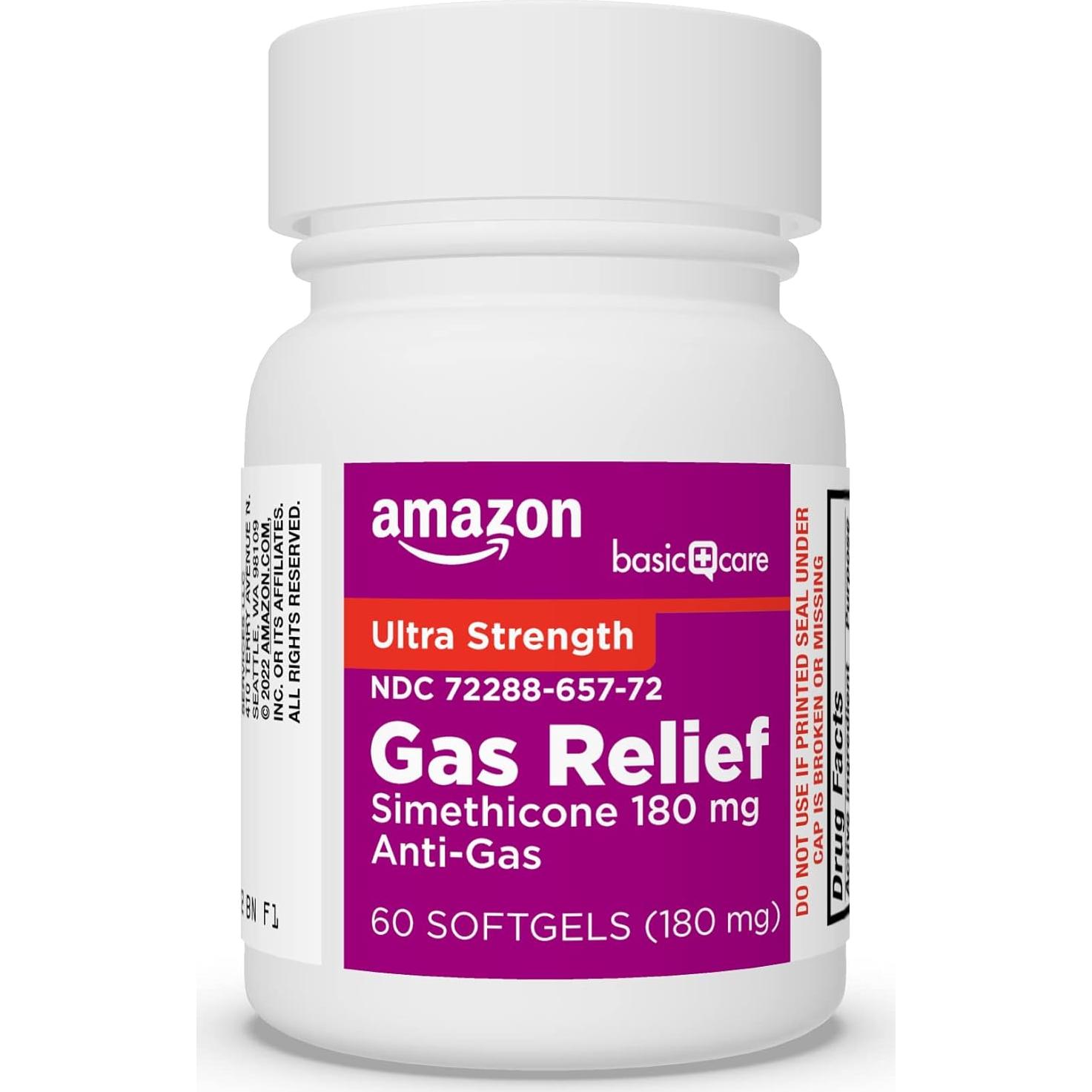 Alivio de Gas Simeticona 180 mg Amazon Basic Care 60 Cápsulas