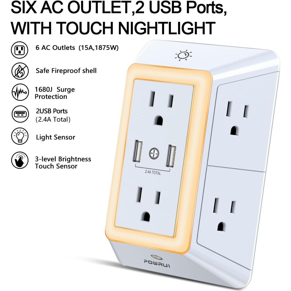 Cargador de pared USB POWRUI AHR-508 con 6 salidas y luz nocturna