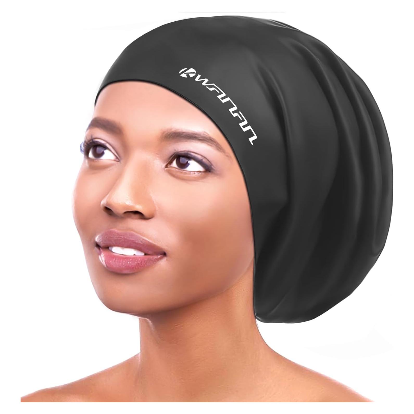 Gorro de natación Kwanan XL Negro para cabello largo y trenzas