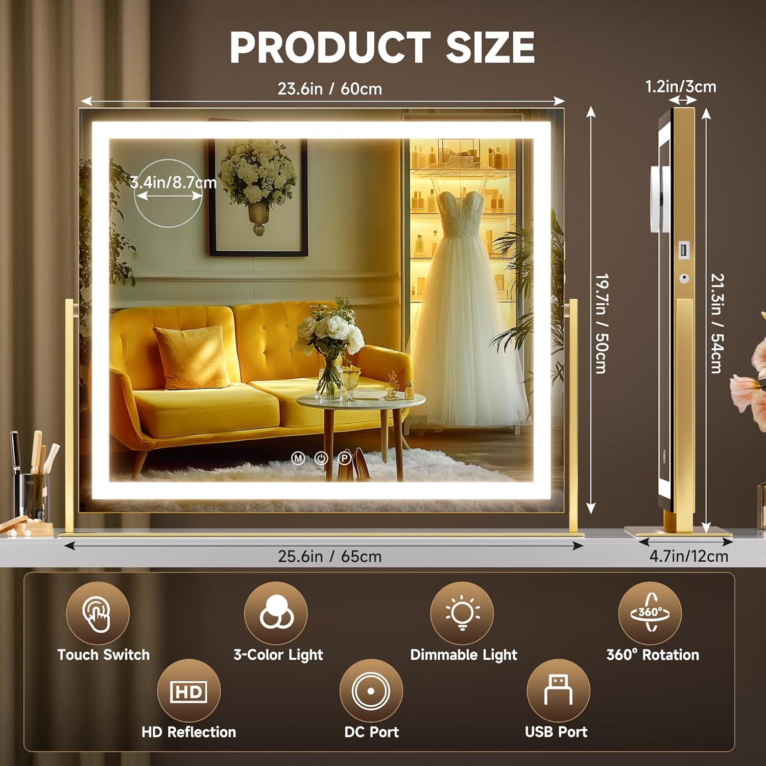 Espejo de tocador Hasipu LED 65x54 cm Oro con aumento 10X