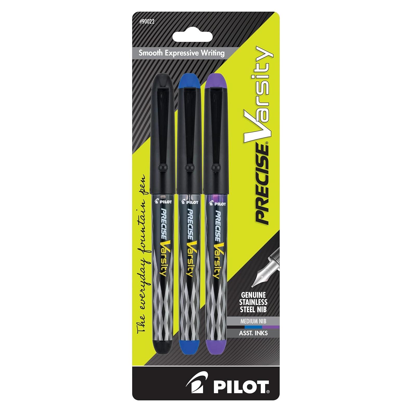 Plumas Fuente Desechables Pilot Varsity, Paquete de 3, Tinta Negra/Azul/Púrpura