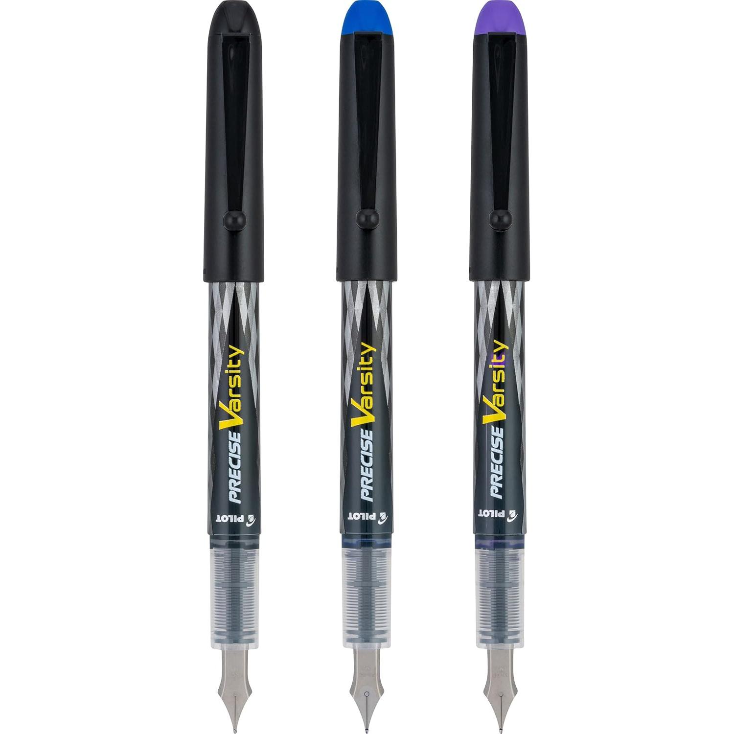 Plumas Fuente Desechables Pilot Varsity, Paquete de 3, Tinta Negra/Azul/Púrpura